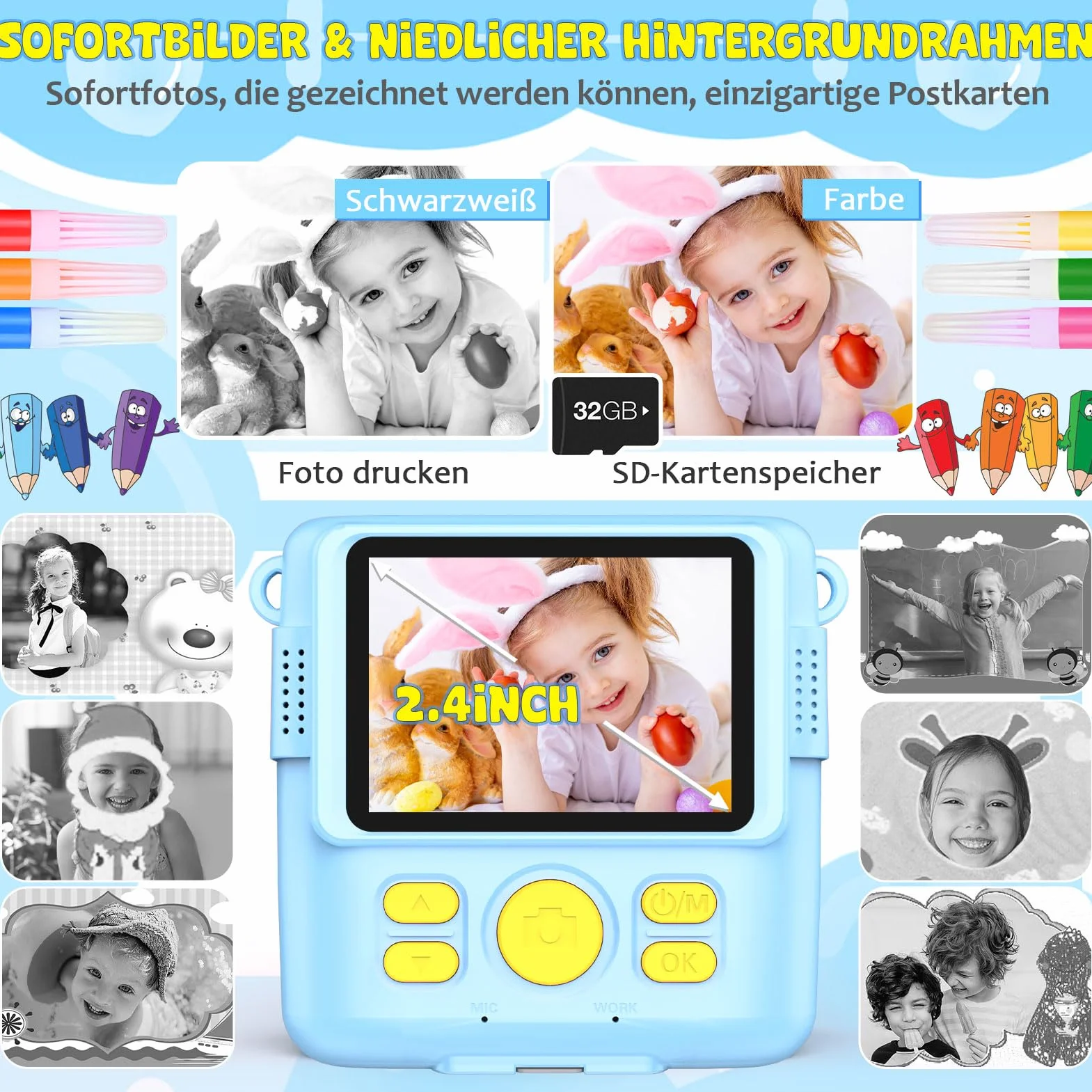 Fotocamera digitale per bambini, con stampa istantanea, 1080P, in bianco e nero, per foto (blu)..