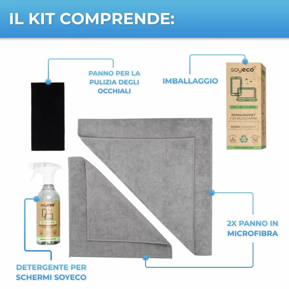 500 ml di Spray per la pulizia dello schermo + 3 panni in microfibra | Fluido per la pulizia | Per smartphone, laptop, tablet, TV, LCD/TFT, LED, OLED, monitor, orologi | Senza sbavature