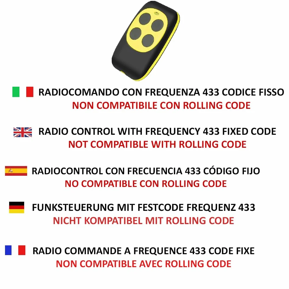 Telecomando Cancello Universale 433 MHz 2 Pezzi Autoapprendimento Codice Fisso Batterie Incluse