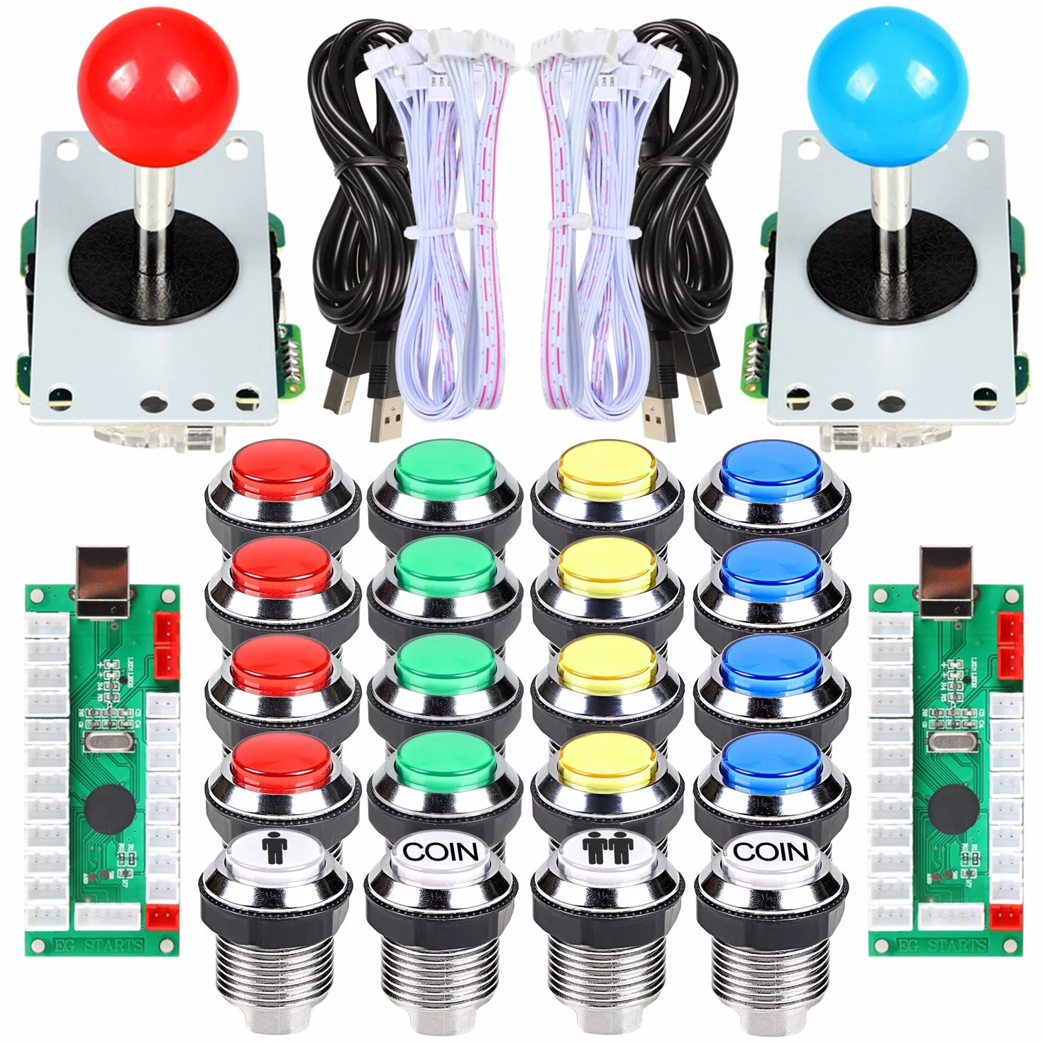 EG STARTS 2 Giocatori Classic Arcade Contest Kit Fai da Te USB Encoder per PC Joystick + Chrome LED Illuminato Pulsante 1 e 2 Giocatori Pulsanti Moneta per Arcade Mame Raspberry Pi 2 3 3B Giochi