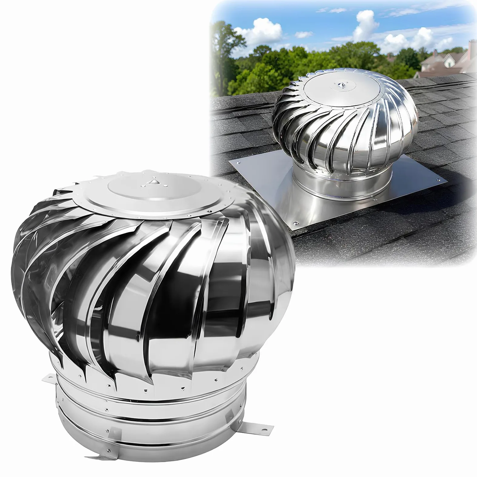 Comignolo Girevole Inox - Aspiratore per Tetto e Canna Fumaria | Senza elettricità; Acciaio inox 304; Rotazione silenziosa; Protezione anti-pioggia; Facile(500mm/19.7in)
