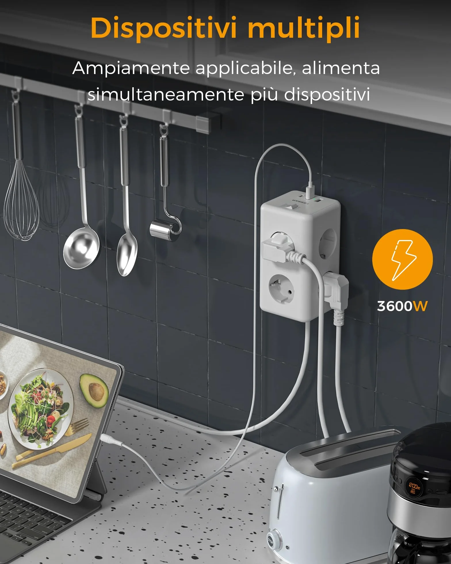 TESSAN Ciabatta Multipresa con USB C e 6 Prese, 9 in 1 Ciabatta Elettrica con Interruttore, 3600W Presa Multipla Cavo 2M, Multipresa da Scrivania per Casa e Ufficio