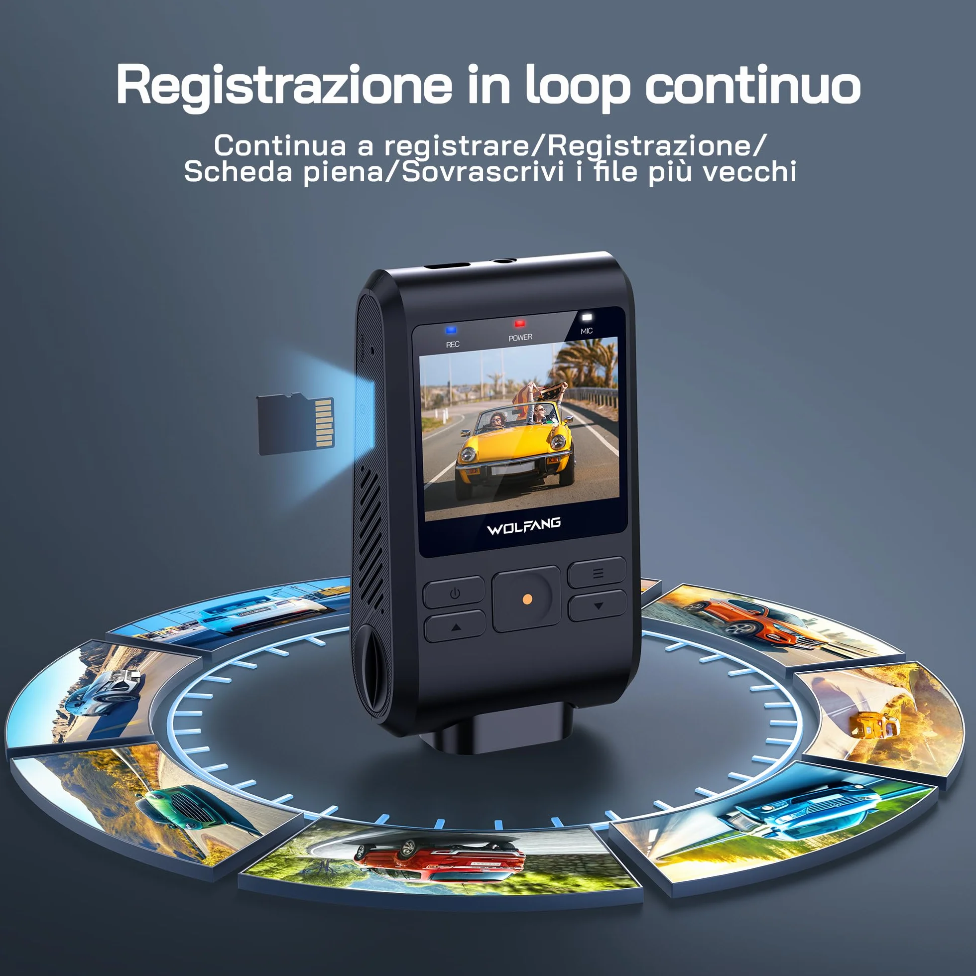 WOLFANG Dash Cam Auto 1440P, WiFi Dashcam per Auto con Scheda SD 32G, Telecamera Auto 170° Grandangolo, Visione Notturna,G-Sensor, WDR, Monitor di Parcheggio, Registrazione in Loop