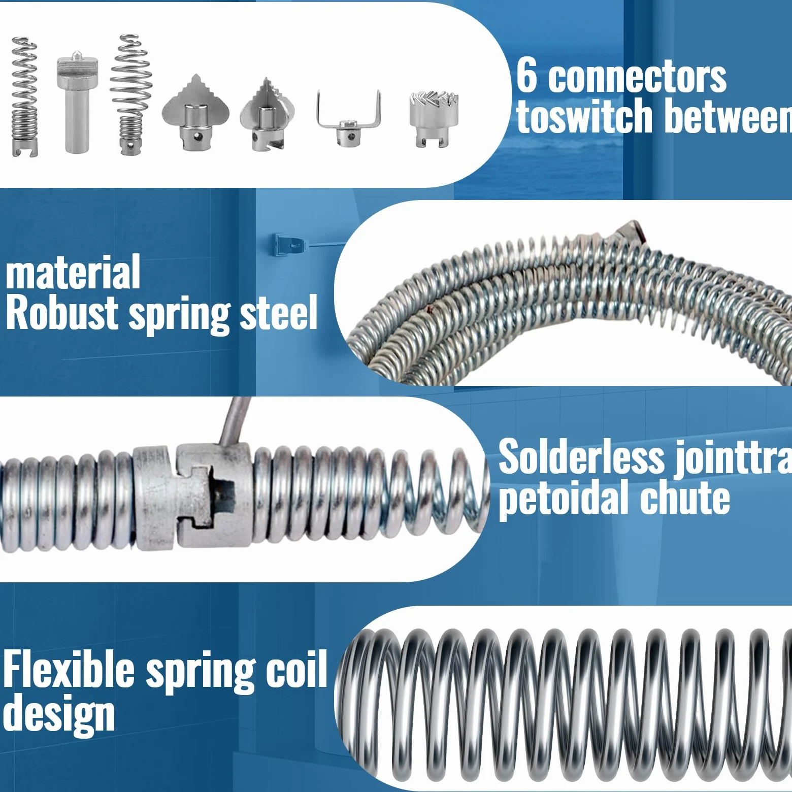 Stura Lavandini e Scarichi 5M, Sonda Sturatubi 12mm con 6 Testine, Spirale Flessibile per WC Tubi Scarico, Molla Sturatubi Acciaio con Adattatore Trapano Manuale/Elettrico