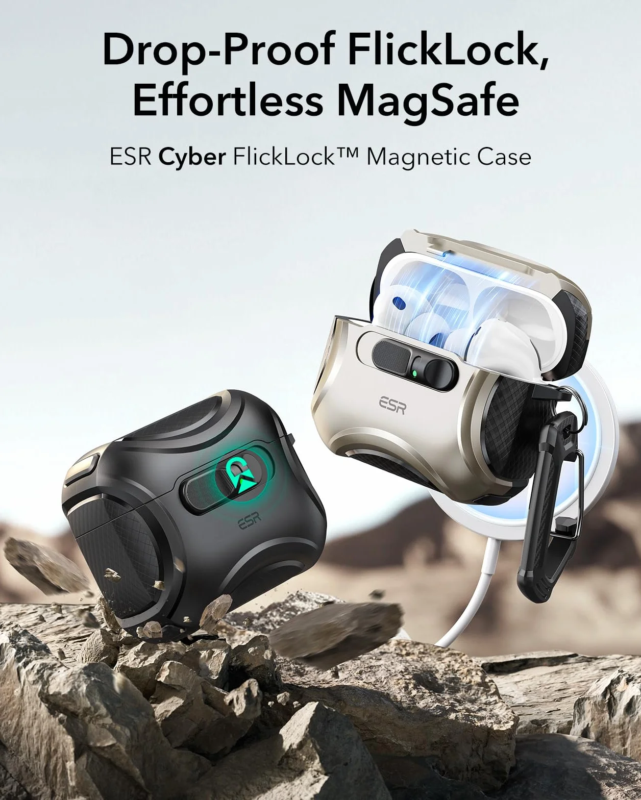 ESR Custodia per AirPods Pro 3 (2025), Compatibile con Airpods Pro di 3a Generazione (cavo USB-C), MagSafe facile, Chiusura antiurto, Facile da aprire, Serie Cyber, Nero