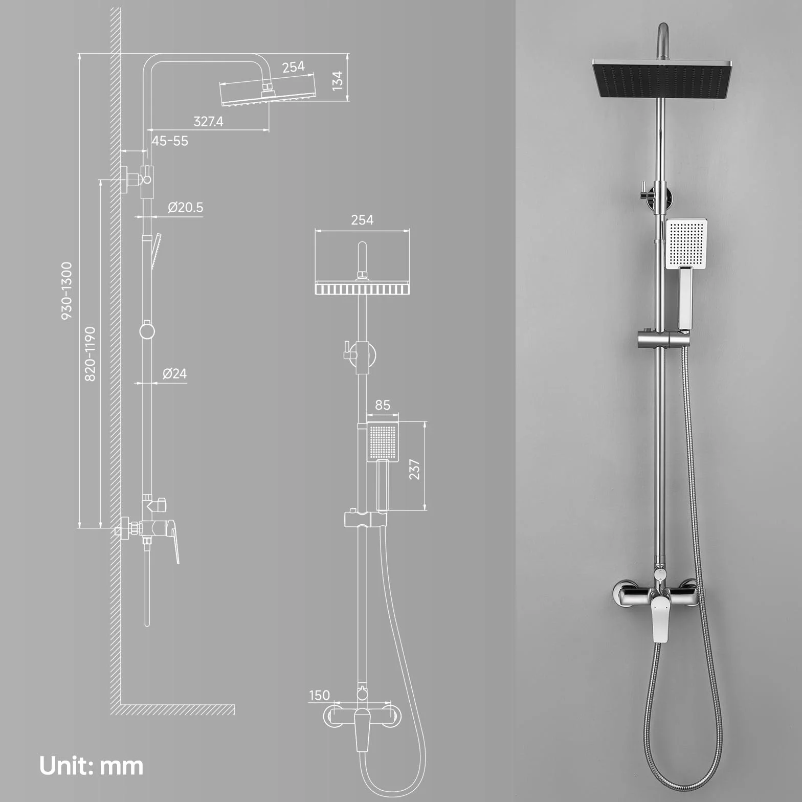 Auralum Colonna Doccia con Miscelatore Doccia Esterno, Saliscendi Doccia con Soffione Doccia Quadrato 25cmx25cm, Asta Doccia con Soffione e Doccetta, Saliscendi Doccia Altezza Regolabile 93-130cm