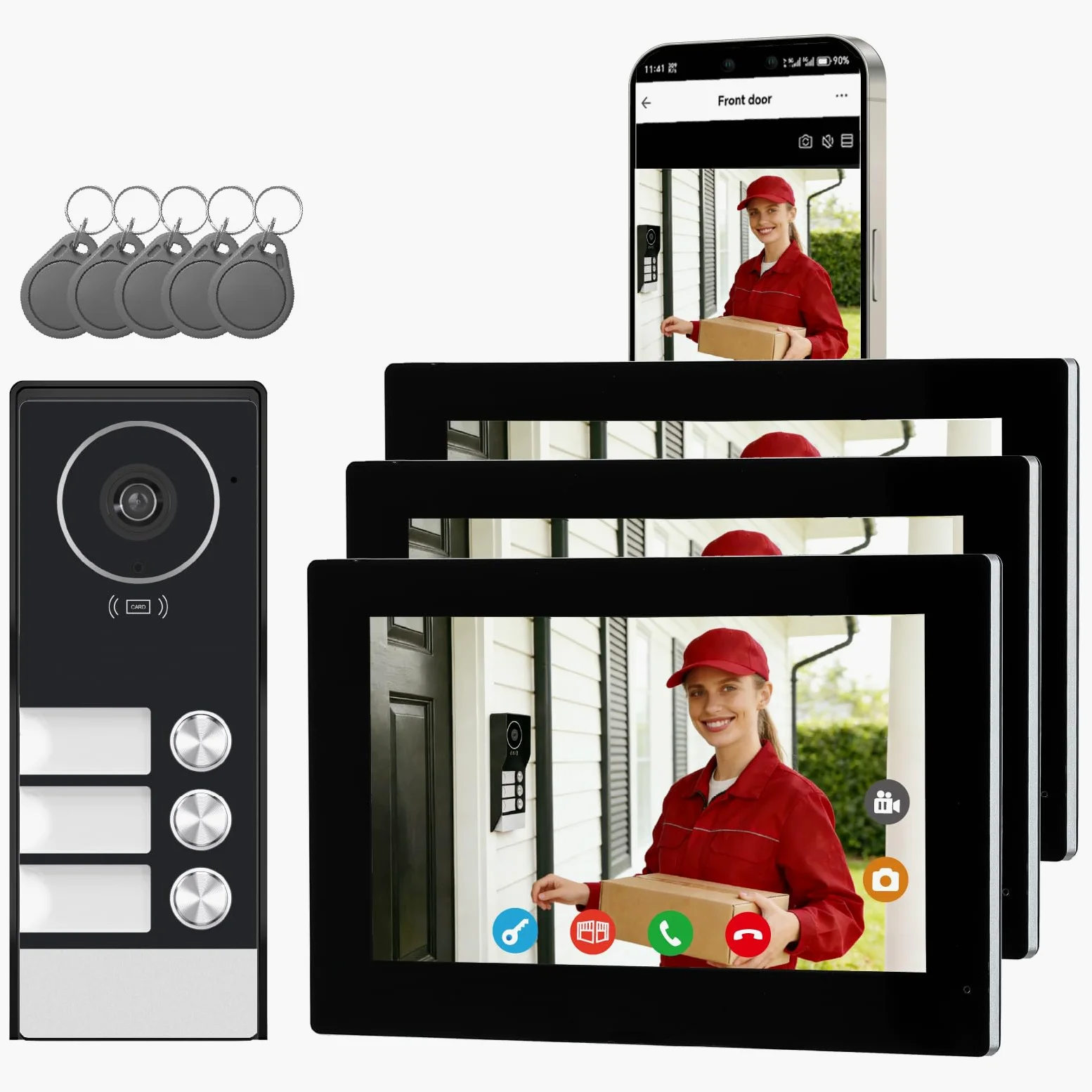 Videocitofono cablato con 3 Monitor Touch da 7 Pollici, Pannello Esterno con Telecamera, Campanello Video 2 Fili con Visione Notturna,Audio Bidirezionale, per 3 Famiglie