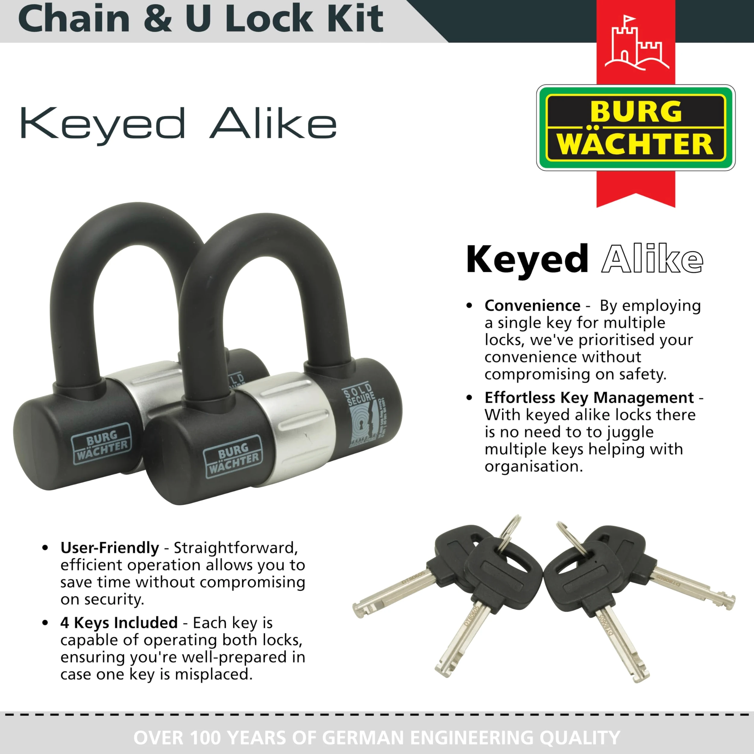 Burg Wachter Sold Secure Diamond & Gold 12 mm con chiave uguale catena e ancoraggio a terra, confezione doppia, nero, 1 m