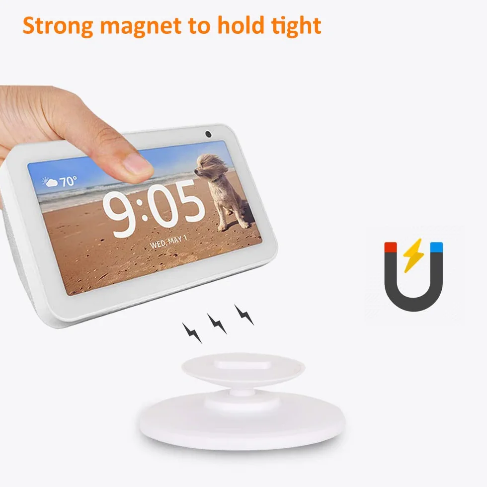 supporto regolabile per Echo Show 5, accessorio compatibile con Amazon Echo Show 5, attacco magnetico, girevole a 360 gradi, funzione di inclinazione, base antiscivolo, uscita 2019, bianco
