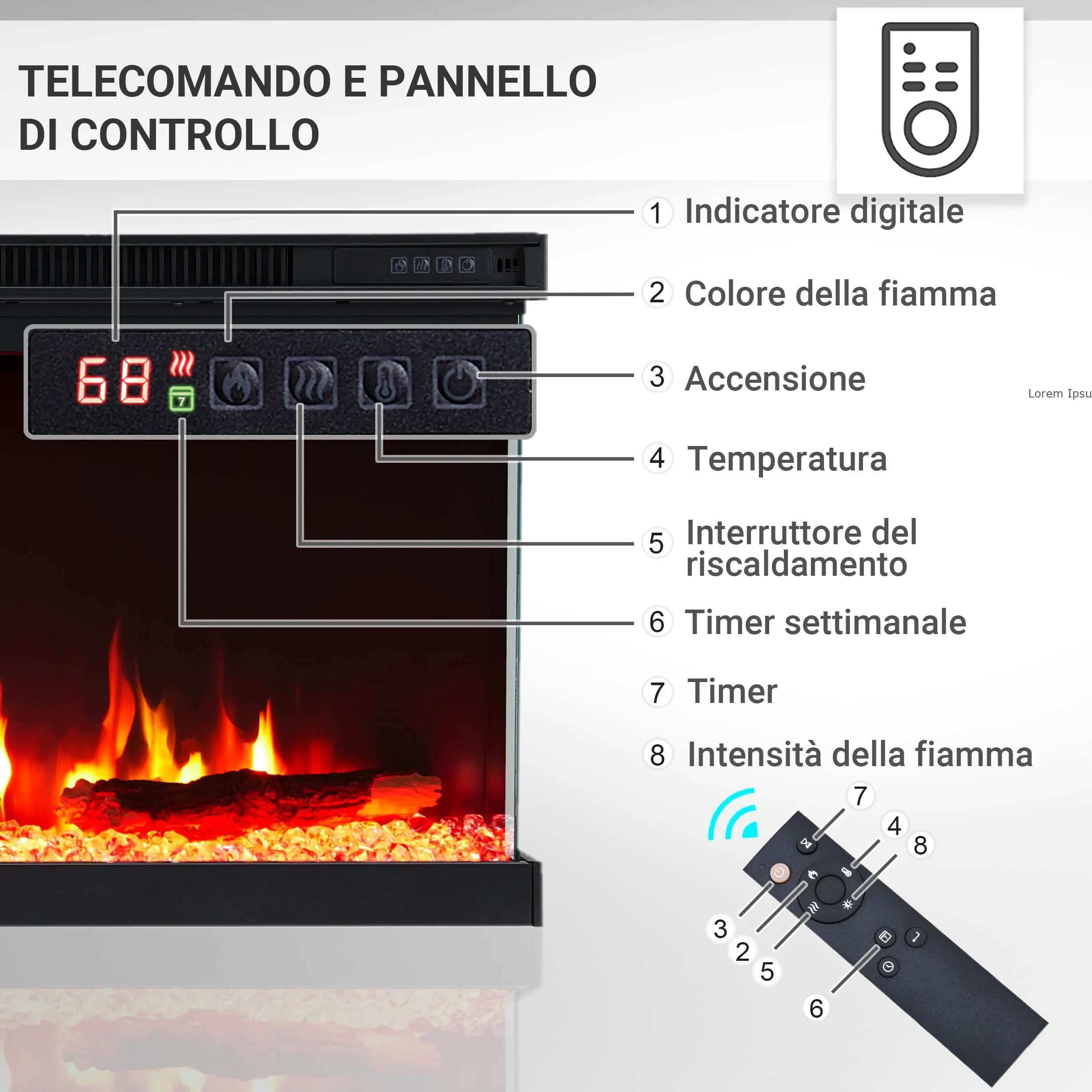 Camino elettrico BALDERIA Orson 50" | Camino elettrico da parete/incasso, effetto fiamma 3D LED, intensità variabile, riscaldamento 1800 W, timer, termostato, telecomando | nero