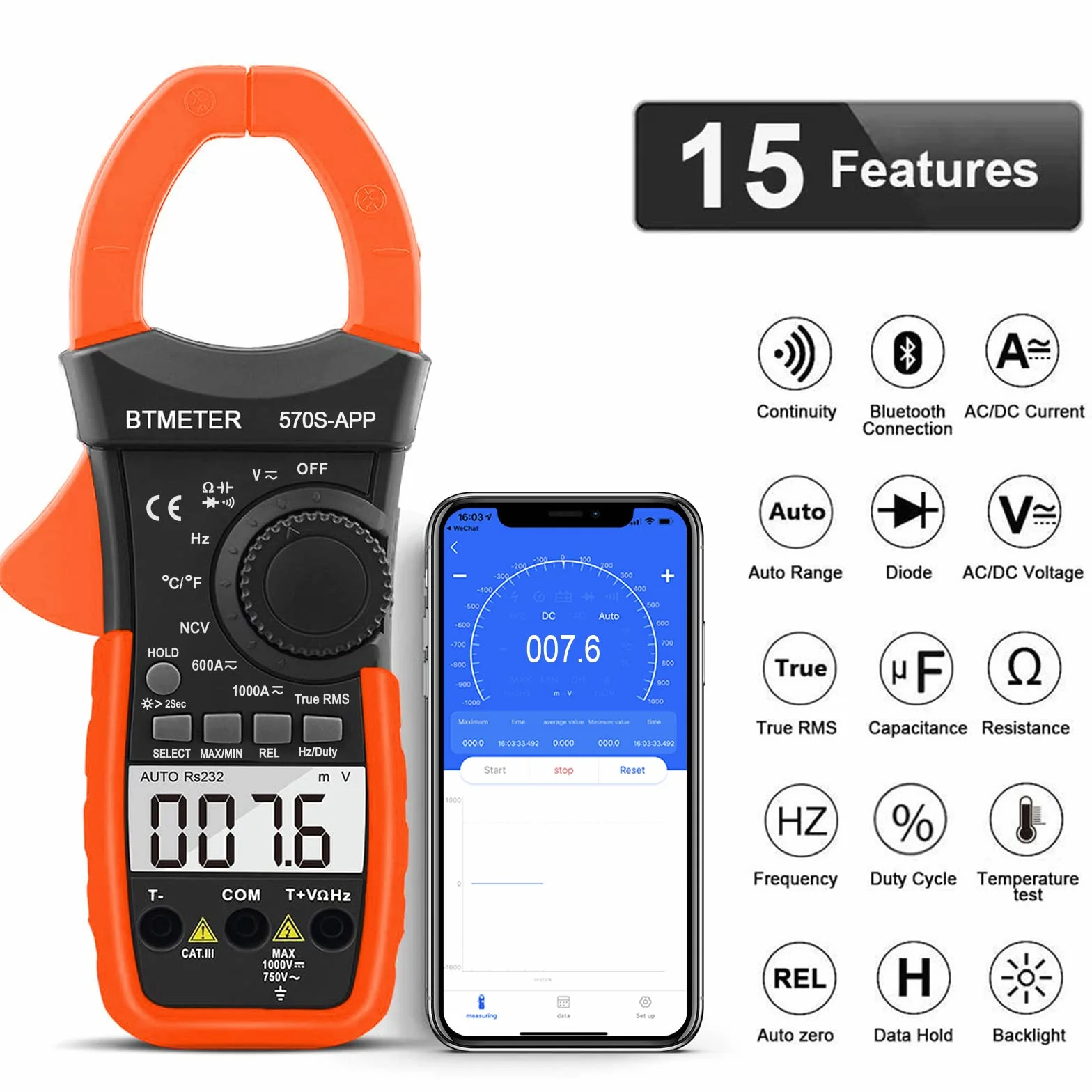 BTMETER Multimetro digitale BT-570S APP con Bluetooth, 6000 conteggi TRMS, pinza di corrente amperometro con selezione auto, tester di tensione, misura AC DC Volt Ampere Ohm NCV capacità di
