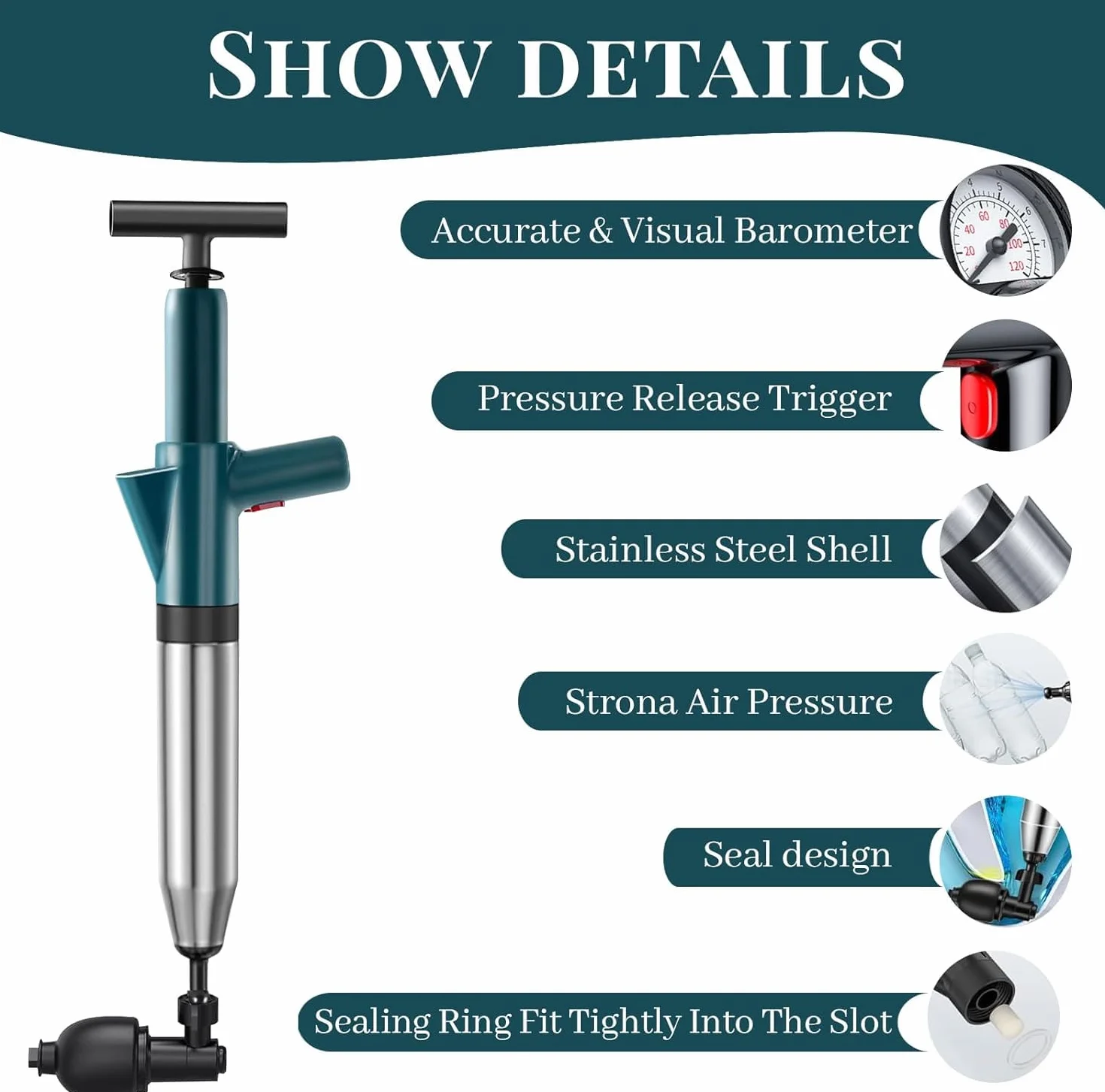 Stura WC Professionale, Pompa Scarichi a Pressione, Sturatubi Aria Compressa, 3 Ventose