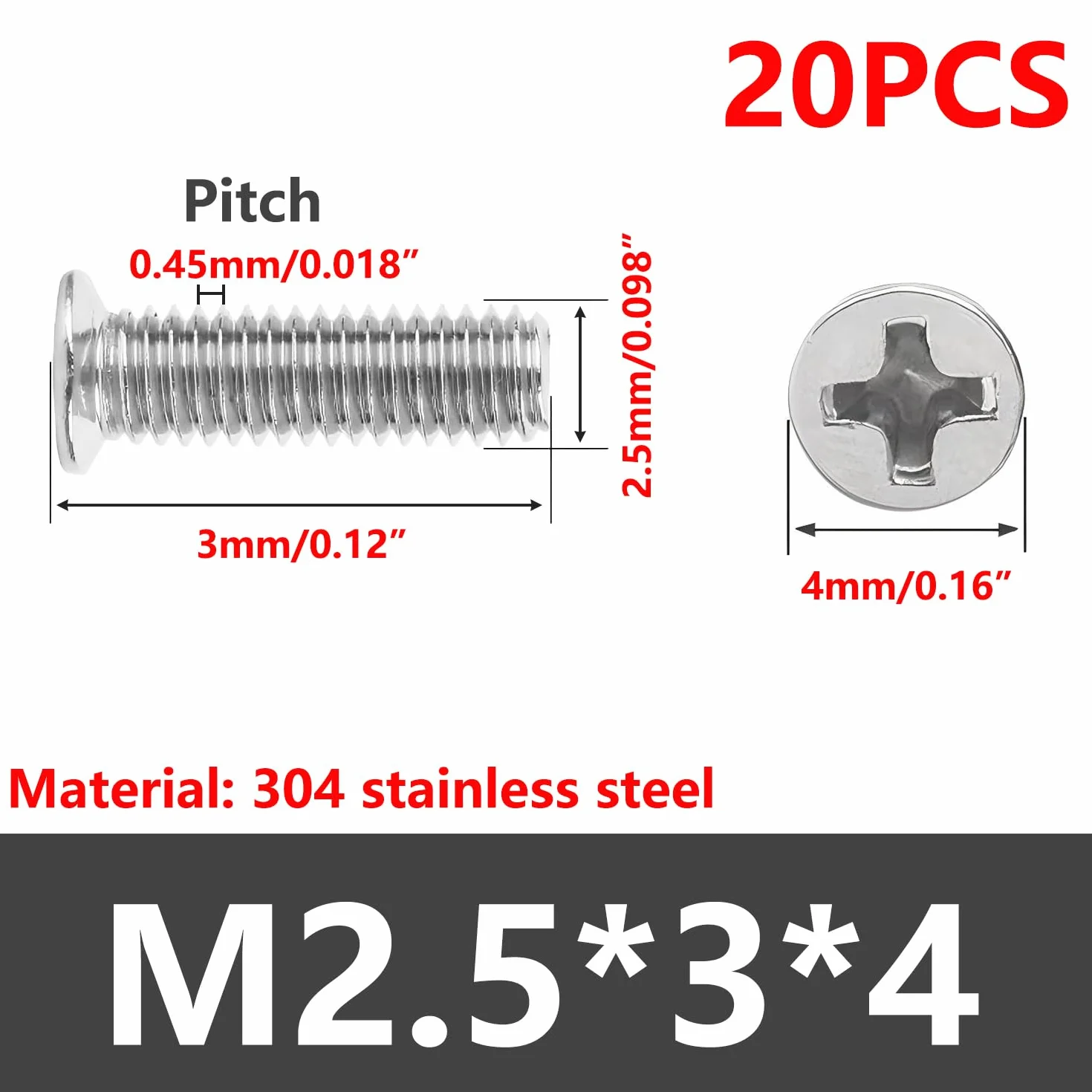 Viti a Testa Svasata M2,5x3mm Phillips Acciaio Inossidabile 20 Pezzi Argento