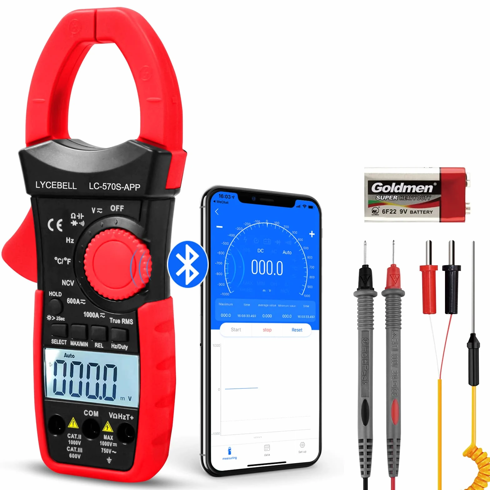Pinza Amperometrica, LC-570S-APP Bluetooth Multimetro a Pinza TRMS per AC/DC Corrente Tensione Resistenza Cap Frequenza Diodo Continuità Temperatura NCV con Retroilluminazione