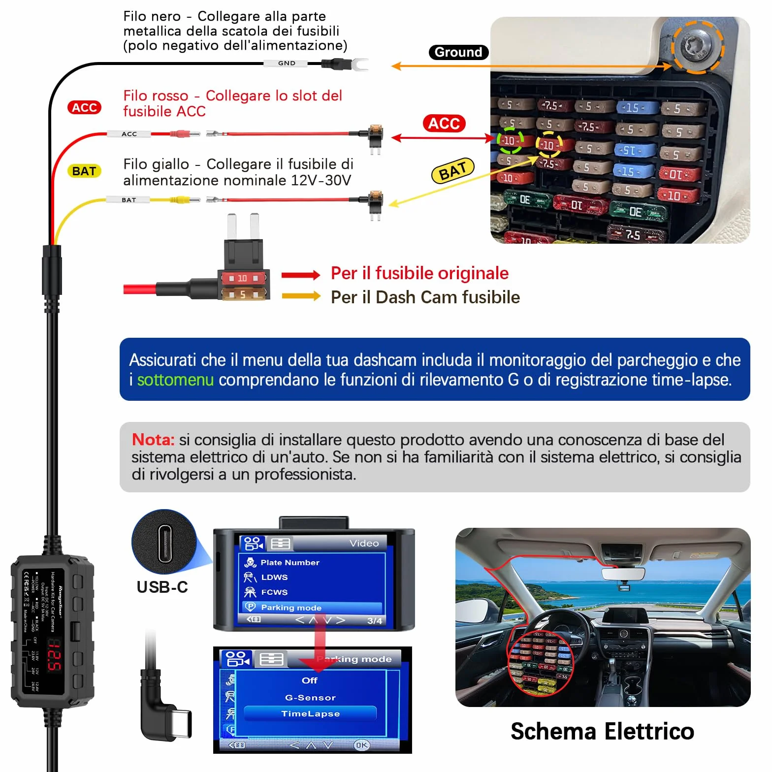 Kit Cablaggio USB-C con Schermo LED, 12V-32V a 5V 3A Auto Cavo di Ricarica Kit 4m 3-Core con Protezione Regolabile a Bassa Tensione, Dash Cam Hardwire Kit Monitoraggio Parcheggio 24 Ore