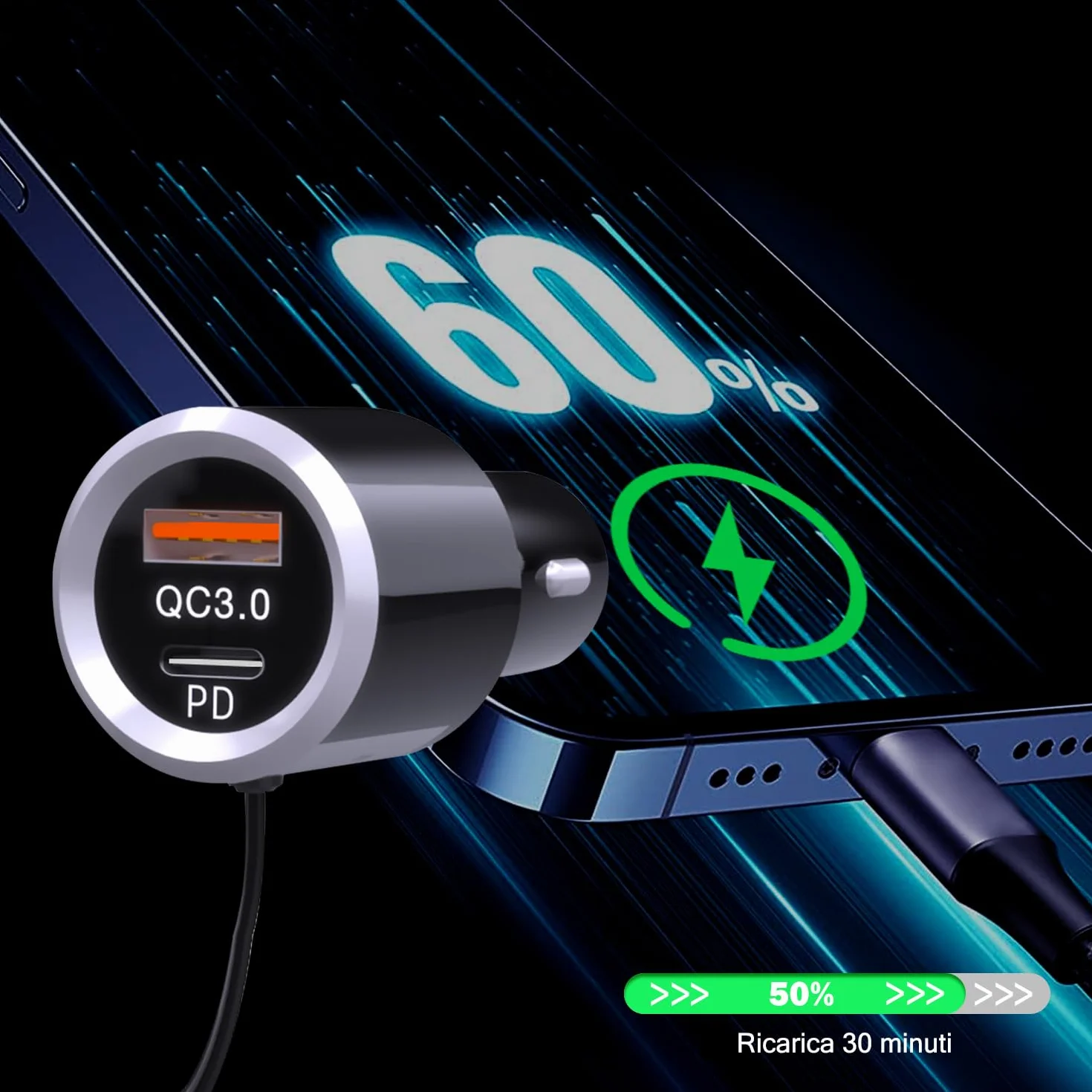 GizmoVine Bluetooth Coche, Transmisor FM, Soporte Manos Libres/QC3.0 y PD Cargador Rápido/Luz Ambiental/Base Autoadhesiva y Clip con Cable 1.1 - Reproductor de Música con Tarjeta BT/TF