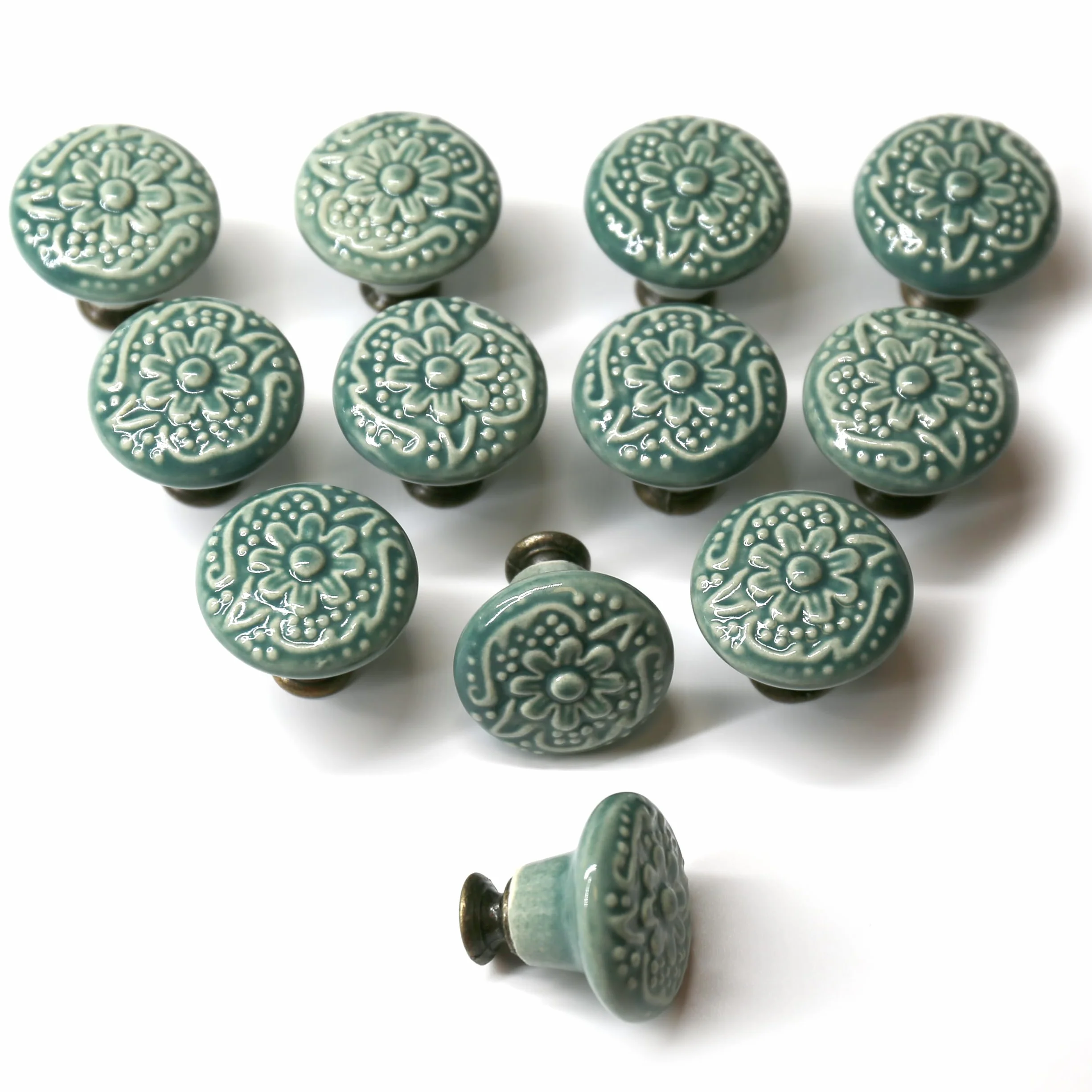 Pomelli Rotondi in Ceramica Vintage 34mm - Maniglie per Mobili Casa - 12 Pezzi (Verde)