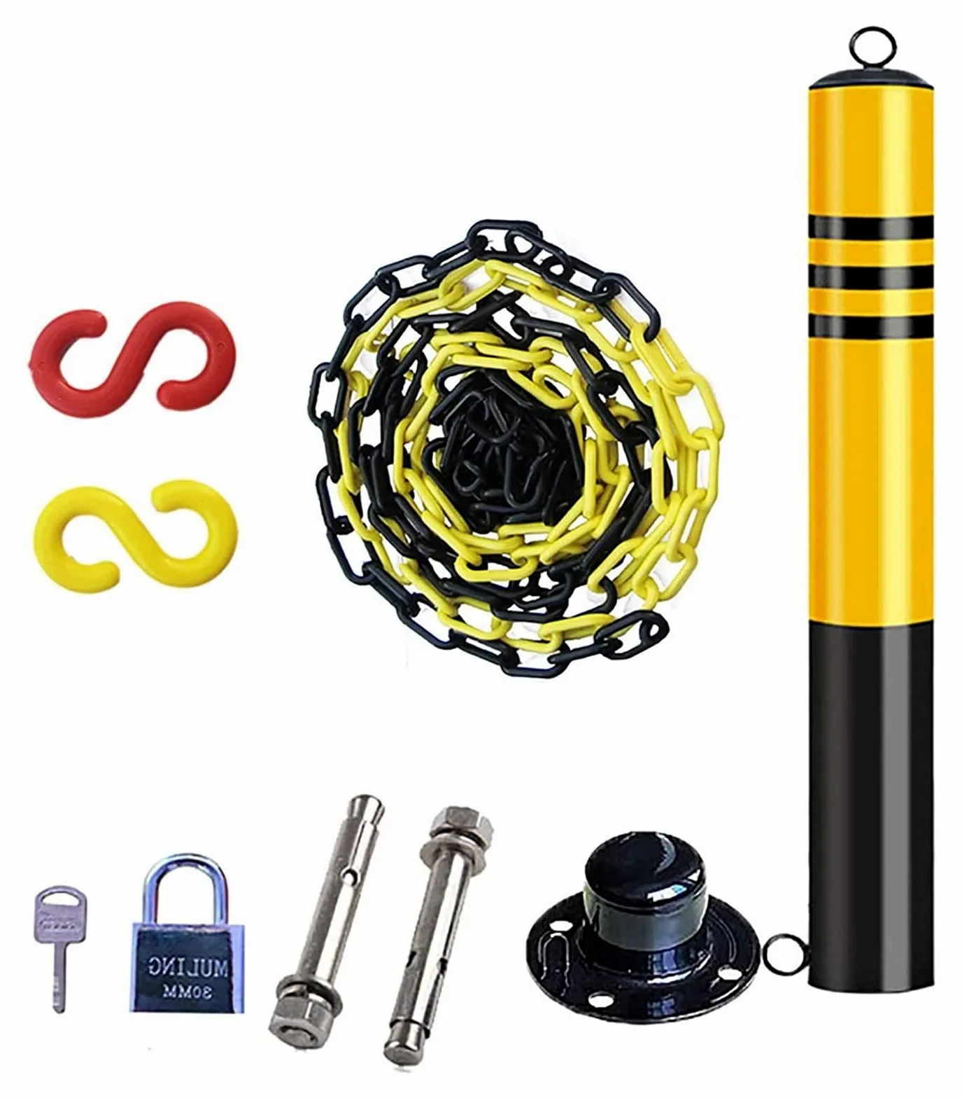 Paletti di Sicurezza per vialetti d'accesso e Set di Catene in plastica da 5 m, paletti di parcheggio con Anello di Sospensione e Nastro Riflettente, Base Mobile