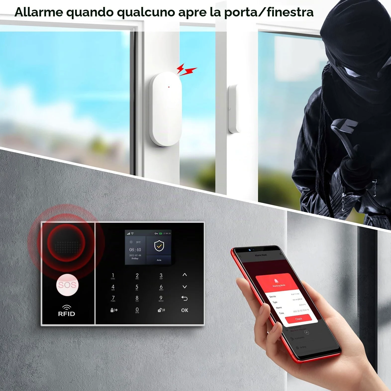 XNY Allarme Casa Wifi, Antifurto Casa wireless, Kit Allarme Casa Senza Fili 4G con APP Alert, Rilevatore di Movimento, Sensore Finestra Porta, Telecomando, Sirena (PG-108-4G-F)
