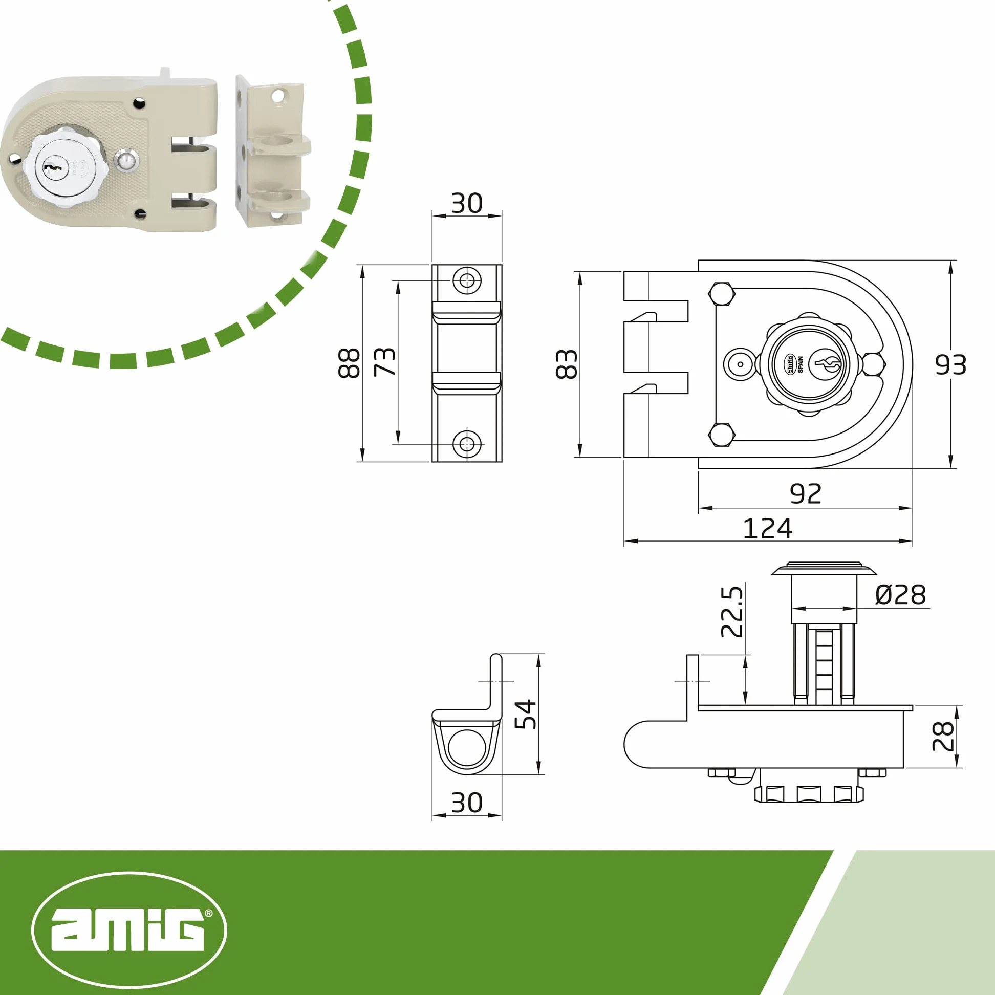Amig - Serratura a Sovrapposizione a destra con leva di chiusura, linguetta e maniglia per porte in legno mod. 1396 | 60 mm | Chiusura con cilindro interno ed esterno | Acciaio Beige