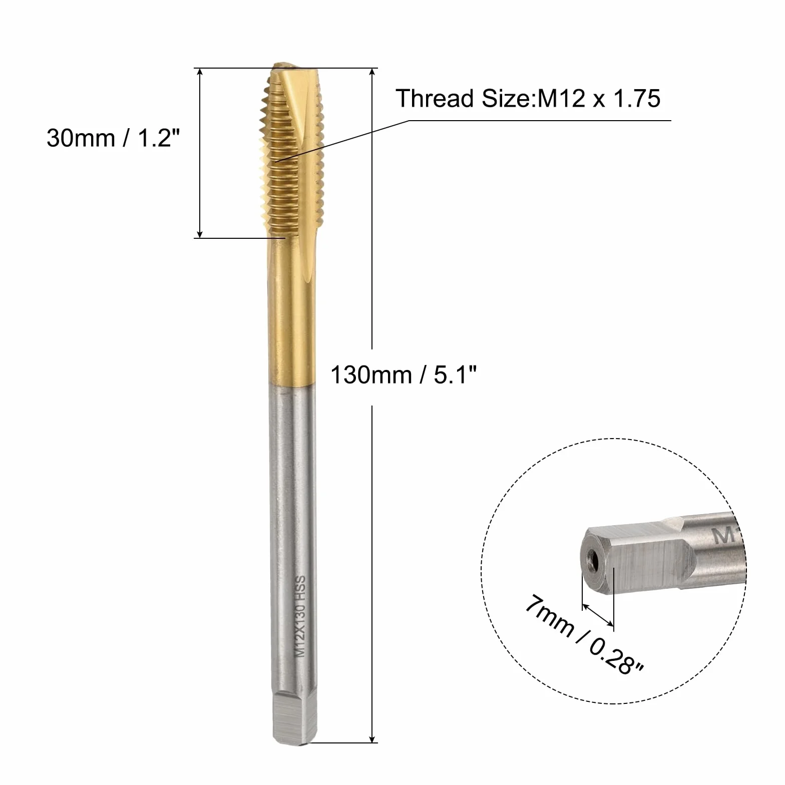 QUARKZMAN M12 x 1.75 H2 Metric Spiral Point Thread Tap, 130mm Extra Long Titanium Coated High Speed Steel Tapping Tool