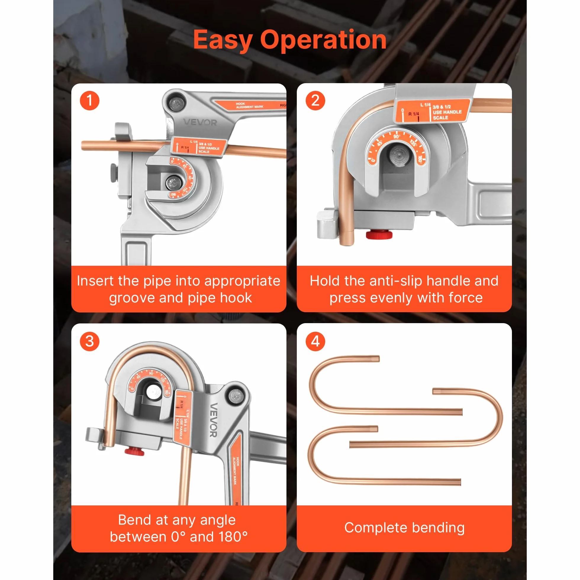 VEVOR Piegatubi Manuale, 6,35 mm 9,5 mm 12,7 mm di Diametro Esterno, Piegatubi a Leva, Utensile per Piegare Tubi in Rame e Alluminio a 180° per Riparazioni Automobilistiche, HVAC e Aria Condizionata