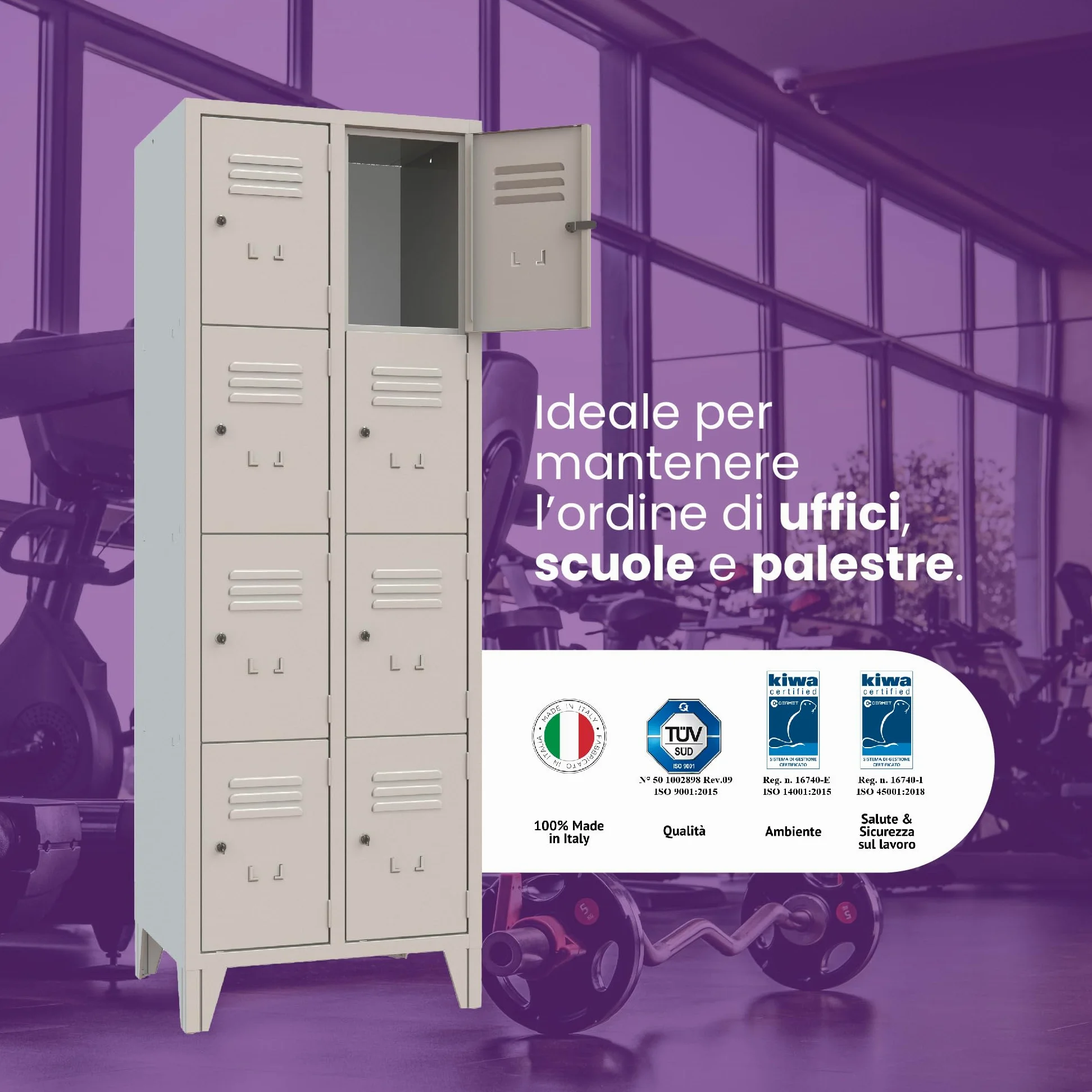 XLOCKERS Armadio Casellario in Metallo per Ufficio, Scuola, Palestra - 8 Posti Salvaspazio con Serratura e Chiave, Made in Italy, Grigio RAL 7035, 61,5x50x180 cm