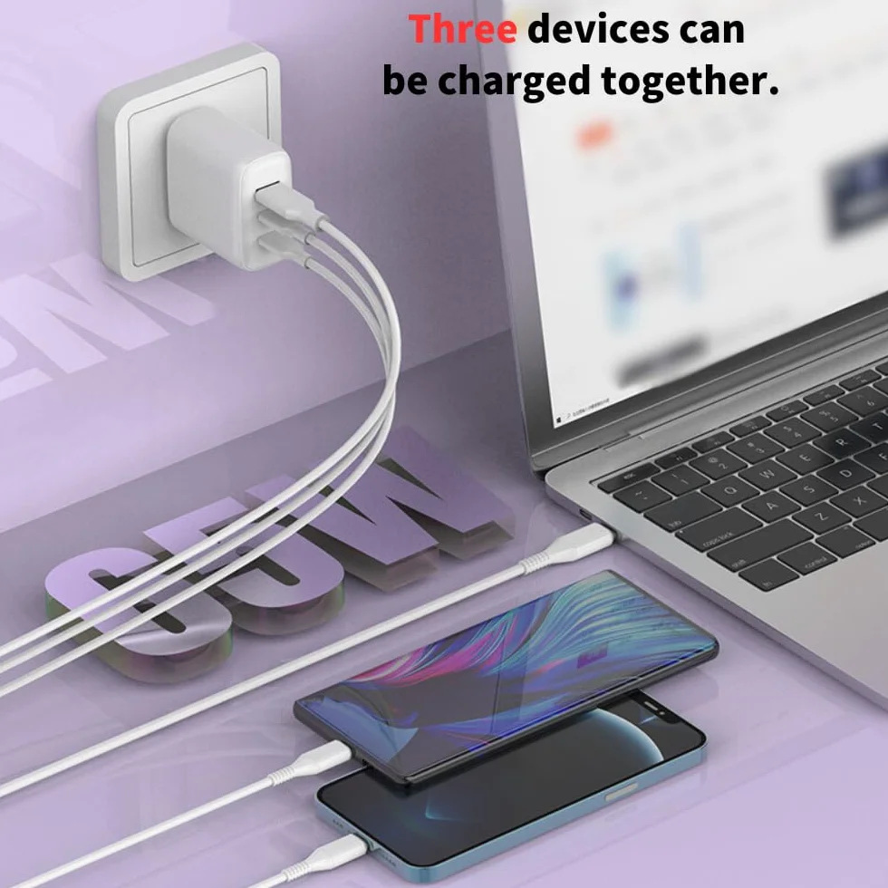 Caricatore rapido 65 W USB C – 3 porte caricabatterie con 2 x USB-C e 1 x USB-A, spina europea bianca, caricabatterie compatto per iPhone 17/16e/15/14/13/12/11, Samsung Galaxy, iPad – per casa e in
