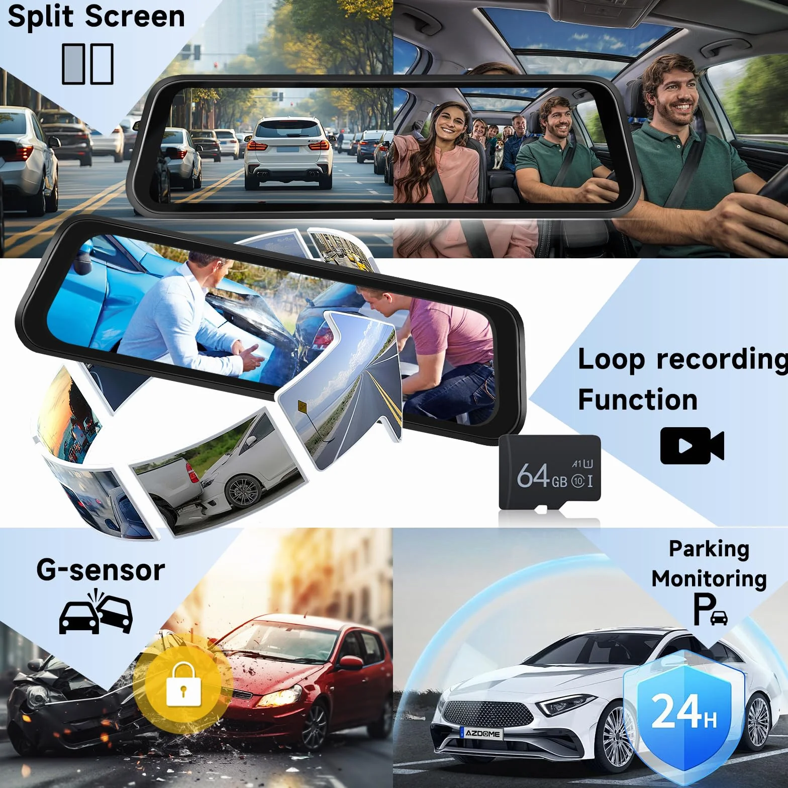 Hodozzy 2K WiFi Specchietto Retrovisore Dash Cam, Dashcam Retrovisore con Schermo IPS 9,66 Pollici Touchscreen con Controllo App, Visione Notturna, Registrazione Loop, Sensore G, BSD LCA+ Scheda 64 G