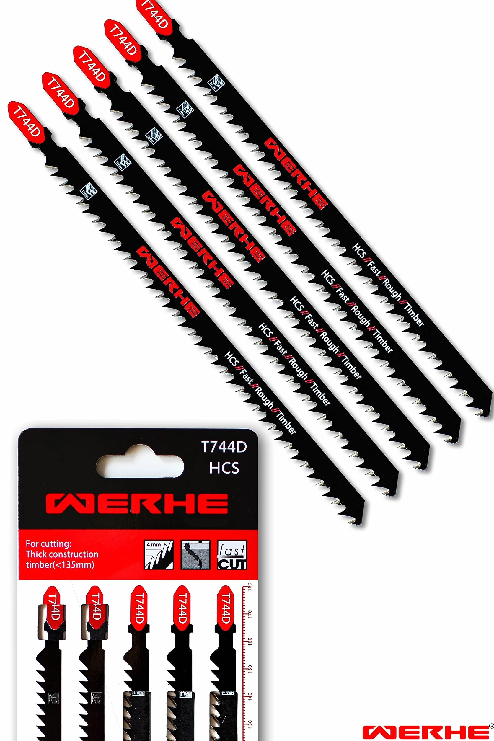 WERHE Set professionale lame per seghetto alternativo da 5 T744D 180mm – Lame extra lunghe per tagli precisi nel legno, compatibili con BOSCH, METABO, MAKITA & seghetti alternativi con attacco a T