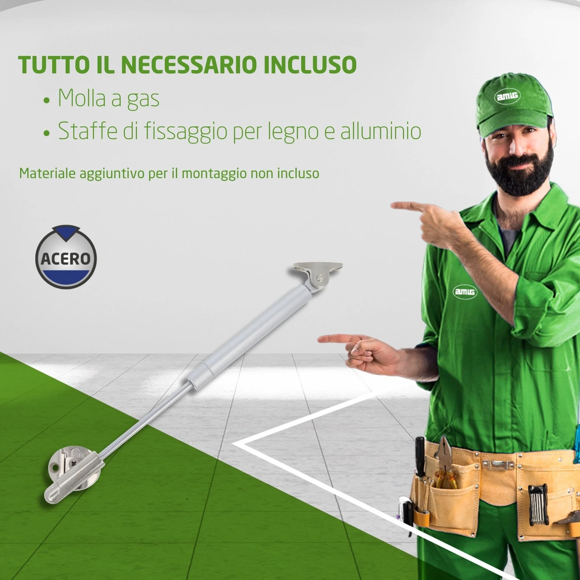 Amig - Bussola a gas per sollevare porte apribili - Mod.98 - Resistenza di carico: 12 kg - Ammortizzatore regolabile per apertura verso l'alto senza impatto - Argento