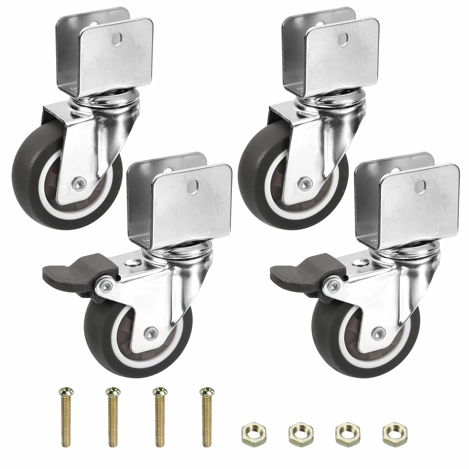 1.5" Ruote girevoli con 1" U Staffa, 4 Set Muto Spostamento Girevole Ruota Totale Carico 165lbs per Armadio Mobili Table(2 con Freno, 2 Senza)