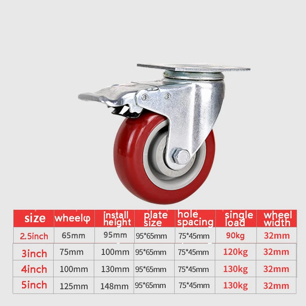 Ruote girevoli resistenti da 65 mm, capacità di 360 kg, ruote per trasporto industriale, con freno, in nylon poliuretanico silenzioso, ideali per mobili di fabbrica, carrelli, tavoli