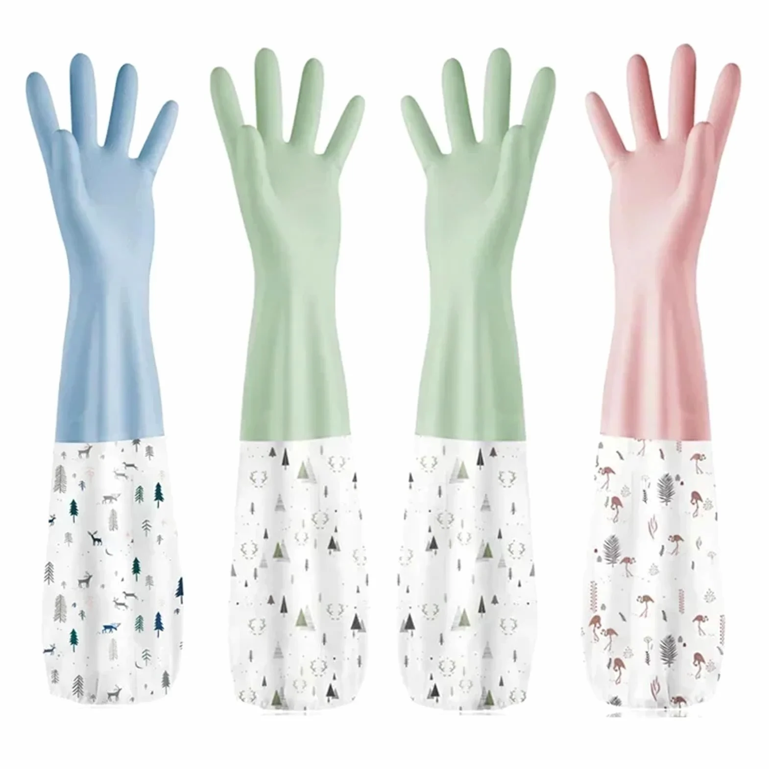 Guanto di Gomma 5 Paia di Guanti Lunghi for Lavare i Piatti, con Coulisse, in Gomma, Impermeabili, riutilizzabili, con Fiori, for la Pulizia dei Piatti(Blue)