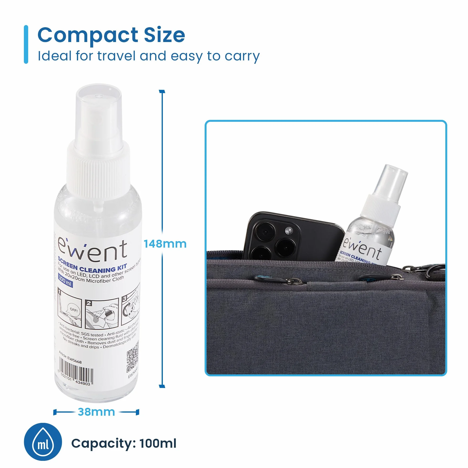 Ewent Kit di Pulizia per Schermi, Smartphone, iPad/Tablet, Occhiali, Lettori eBook, Monitor, Touchscreen e TV, 100 ml Detergente Spray + Panno in Microfibra (20x20cm), Senza Striature e Senza Strisce