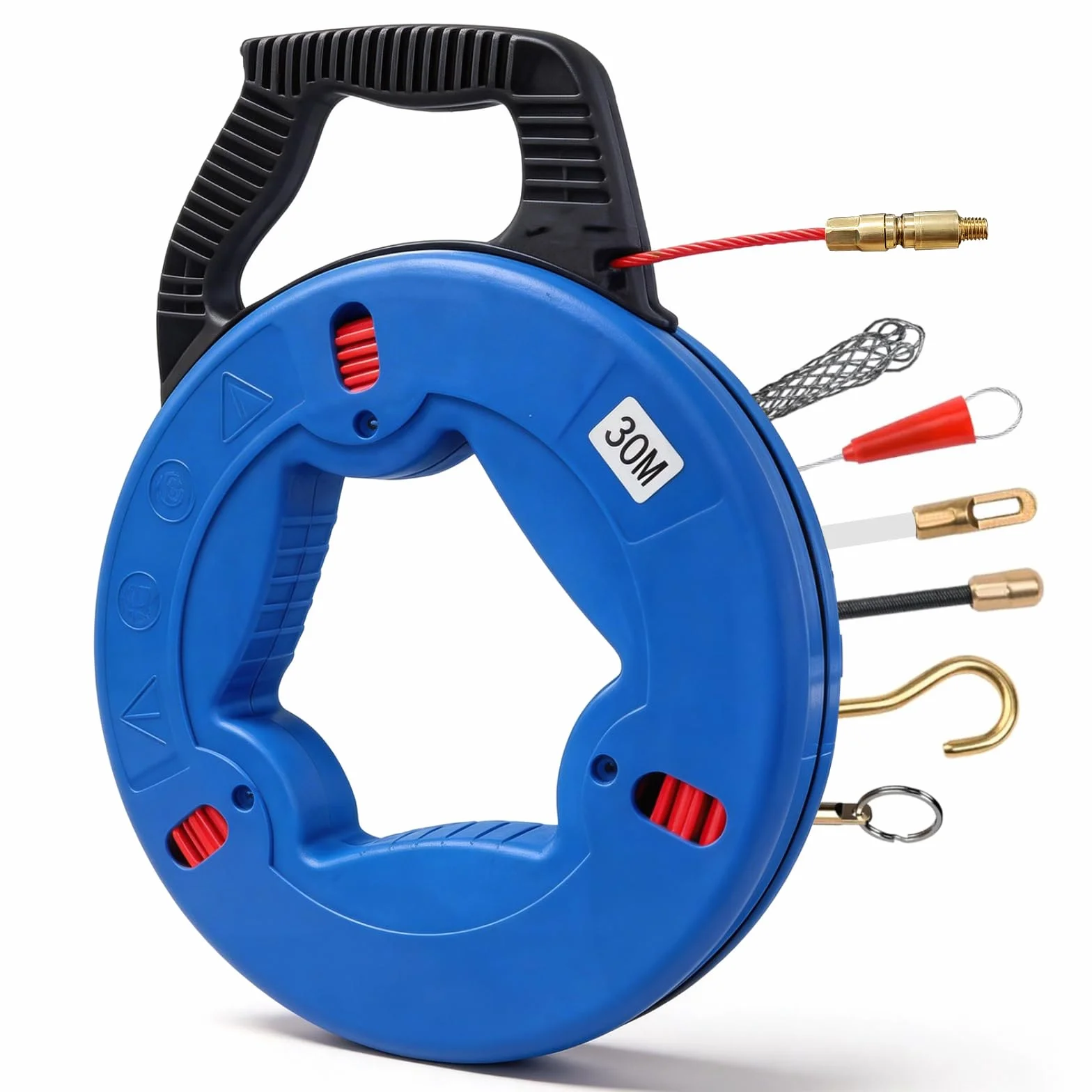 Spirale di ritiro da 30 m, in fibra di vetro, 4 mm, aiuto di ritiro per cavi, con testa in rame e 6 adattatori, molla di ritrattamento, filo di trazione, per tubi vuoti per cavo elettrico in fibra di