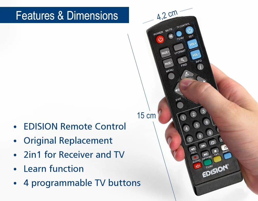 EDISION TELECOMANDO UNIVERSALE EDI-RCU 1 Learn, ORIGINALE, PROGRAMMABILE, 2in1 TV e RICEVITORE, PICCO T2, PICCO T265, PICCO T265+, NANO T265+, PICCO T265 pro, PROTON S2, PICCO S2