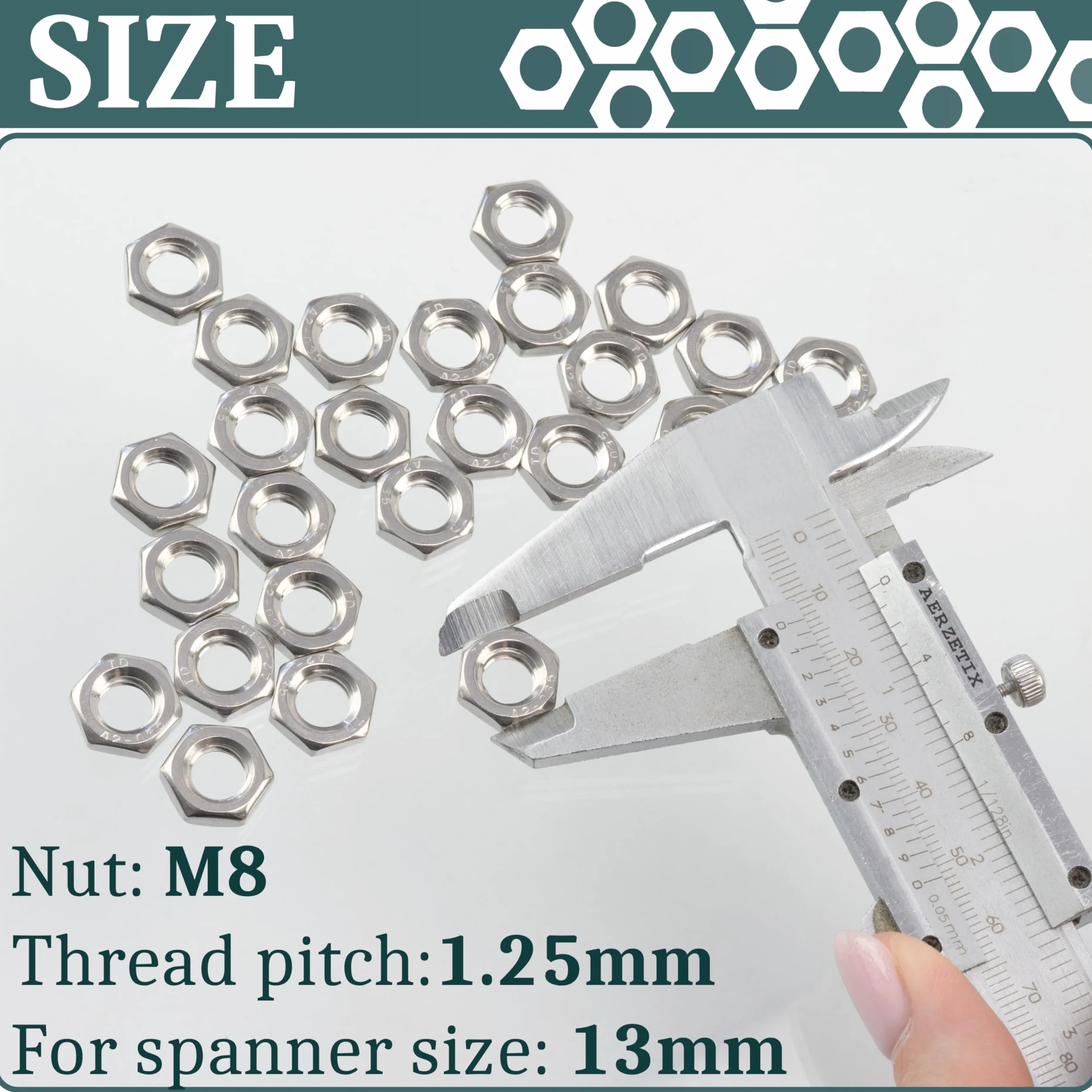 AERZETIX Set di 25 dadi esagonali a profilo basso M8x1.25 mm acciaio argento