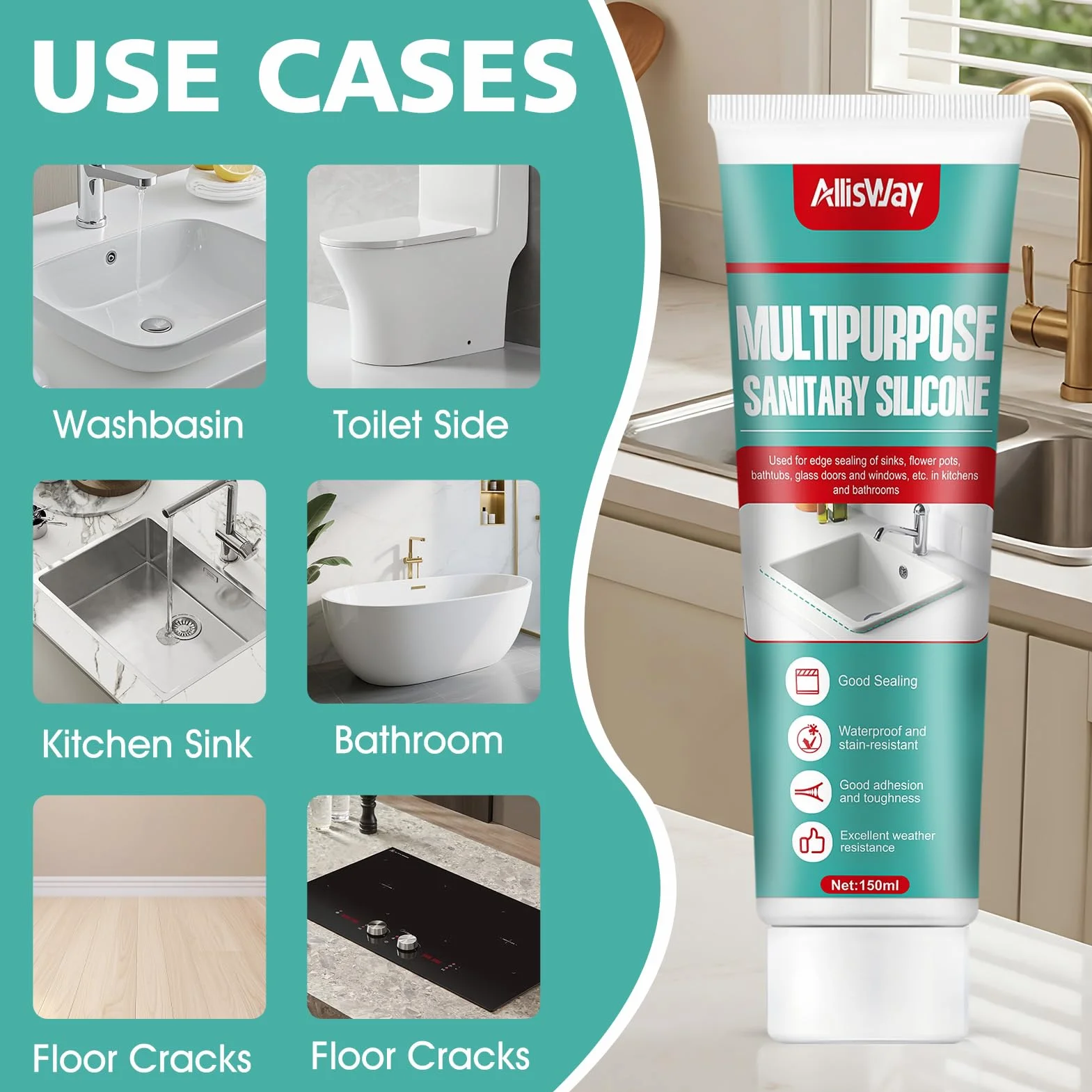 Sigillante Silicone Trasparente Impermeabile 150ml per Bagno, Cucina, WC e Piscina
