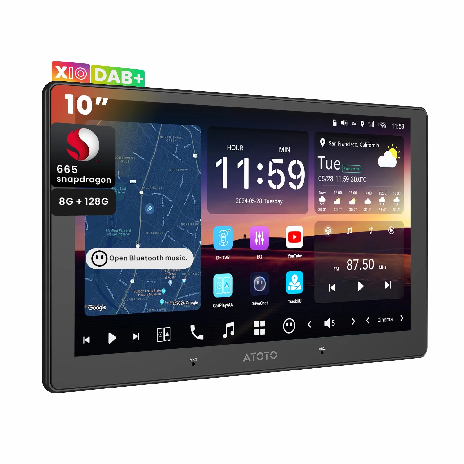 ATOTOZONE 10" QLED DAB AI Autoradio 2 Din Android, 8G+128G, Carplay Senza Fili & Android Auto, 4G LTE, DSP & 36B-EQ, Audio 7.1.2 Canali, Ingresso HDMI, 2 Wifi & Bluetooth, Tracciamento GPS, X10DG211E
