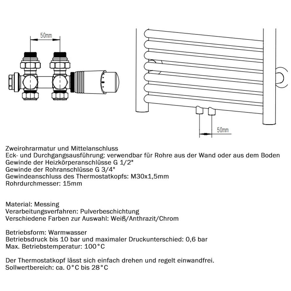 Set di radiatori multiblocco, valvola con termostato, forma angolare e forma passante, raccordi per valvola, attacco centrale, regolatore termostatico per termosifoni da bagno G 1/2" o G 3/4", 15