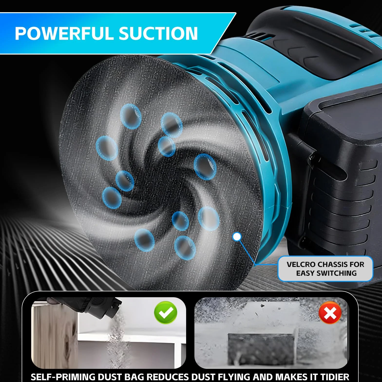 Levigatrice eccentrica per batteria Makita 18V, levigatrice a batteria da 125 mm, 3 velocità con contenitore per la raccolta della polvere e 20 fogli abrasivi (batterie non incluse)