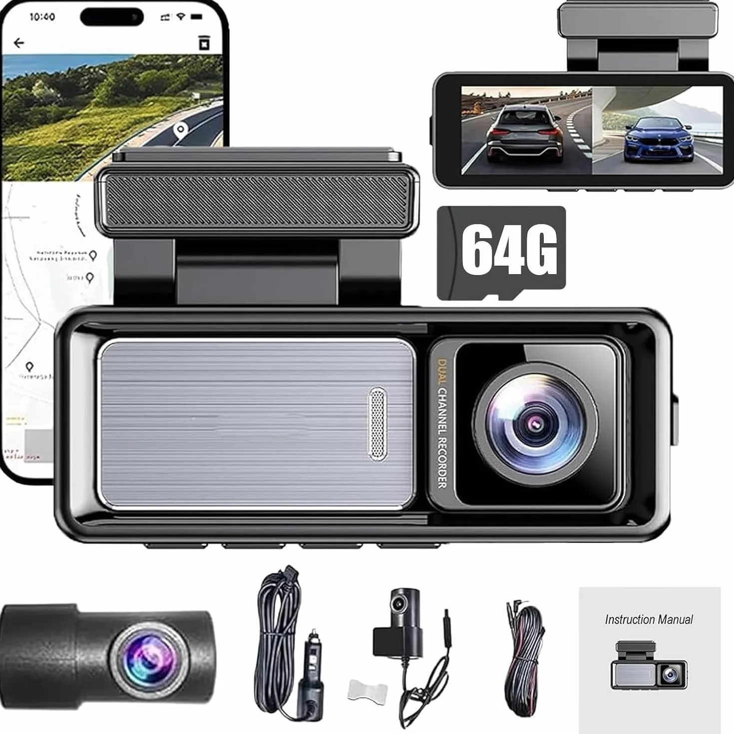 Osmo Dashcam Pro, Dashcam Wireless Per Auto, Anteriore E Posteriore Con Scheda Da 64 GB E Controllo Wi-Fi/app, Telecamera Per La Retromarcia, Registrazione In Loop, Monitoraggio