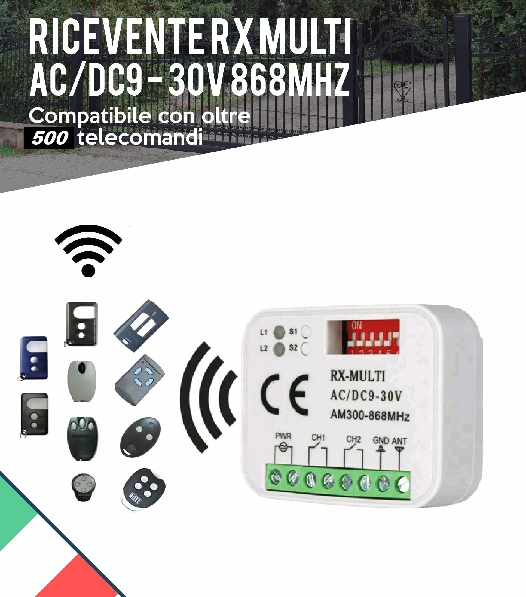 RICEVENTE CENTRALINA RADIO UNIVERSALE CON TELECOMANDO 2 CH 433 868 MHZ AC/DC