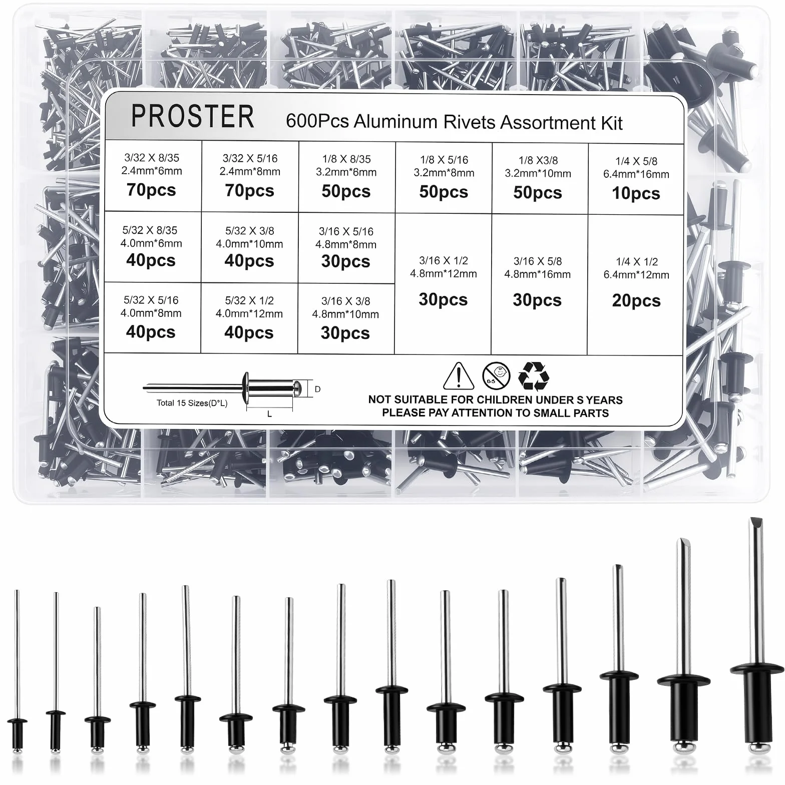 Proster 600 Rivetti in Alluminio Neri Assortiti – 15 Misure da 2.4 a 6.4 mm Kit Blind Rivets