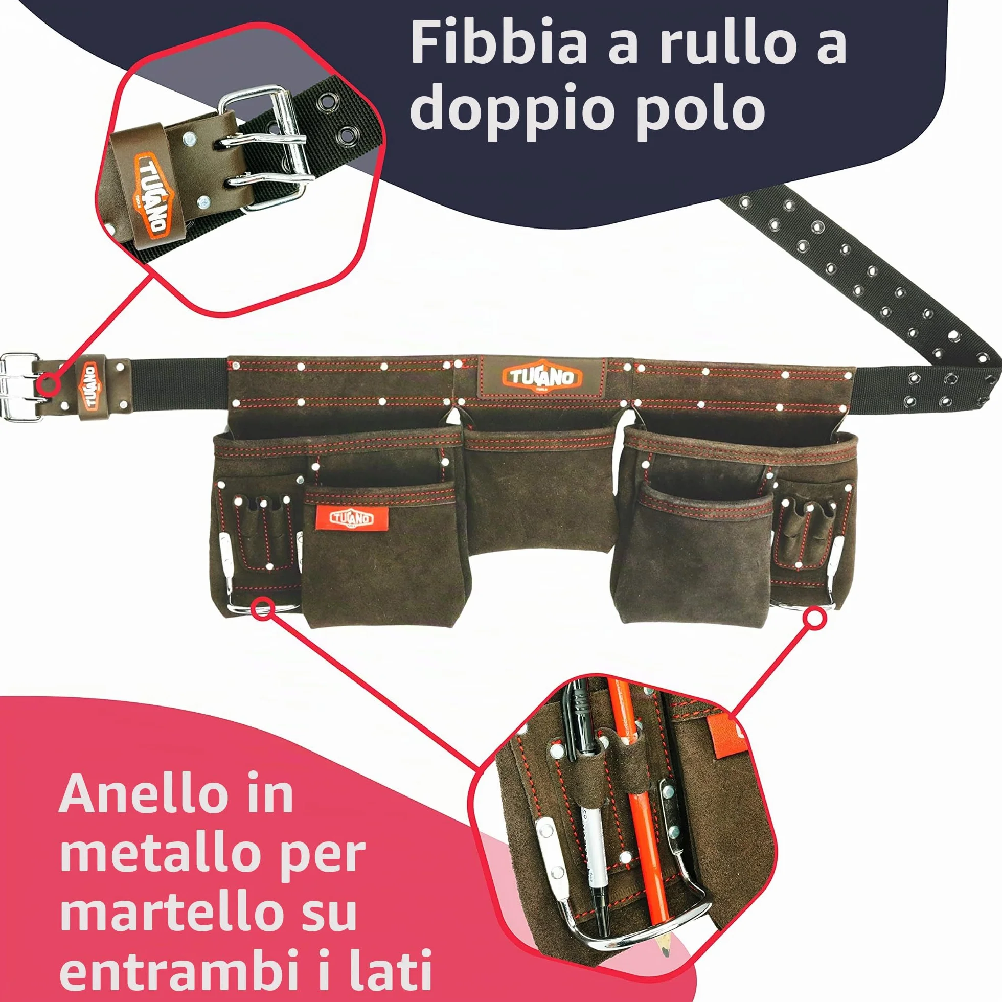 Cintura in pelle portautensili 12 tasche S-XXL per corniciai falegnami elettricisti