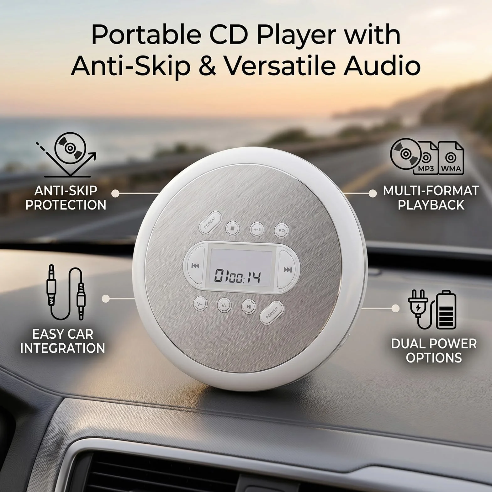 Tangxi Lettore CD Portatile con Cuffie, Lettore CD Portatile per Auto con Funzione di Ripetizione Protezione Anti Salto, Cavo AUX, per Sport Domestici All'aperto