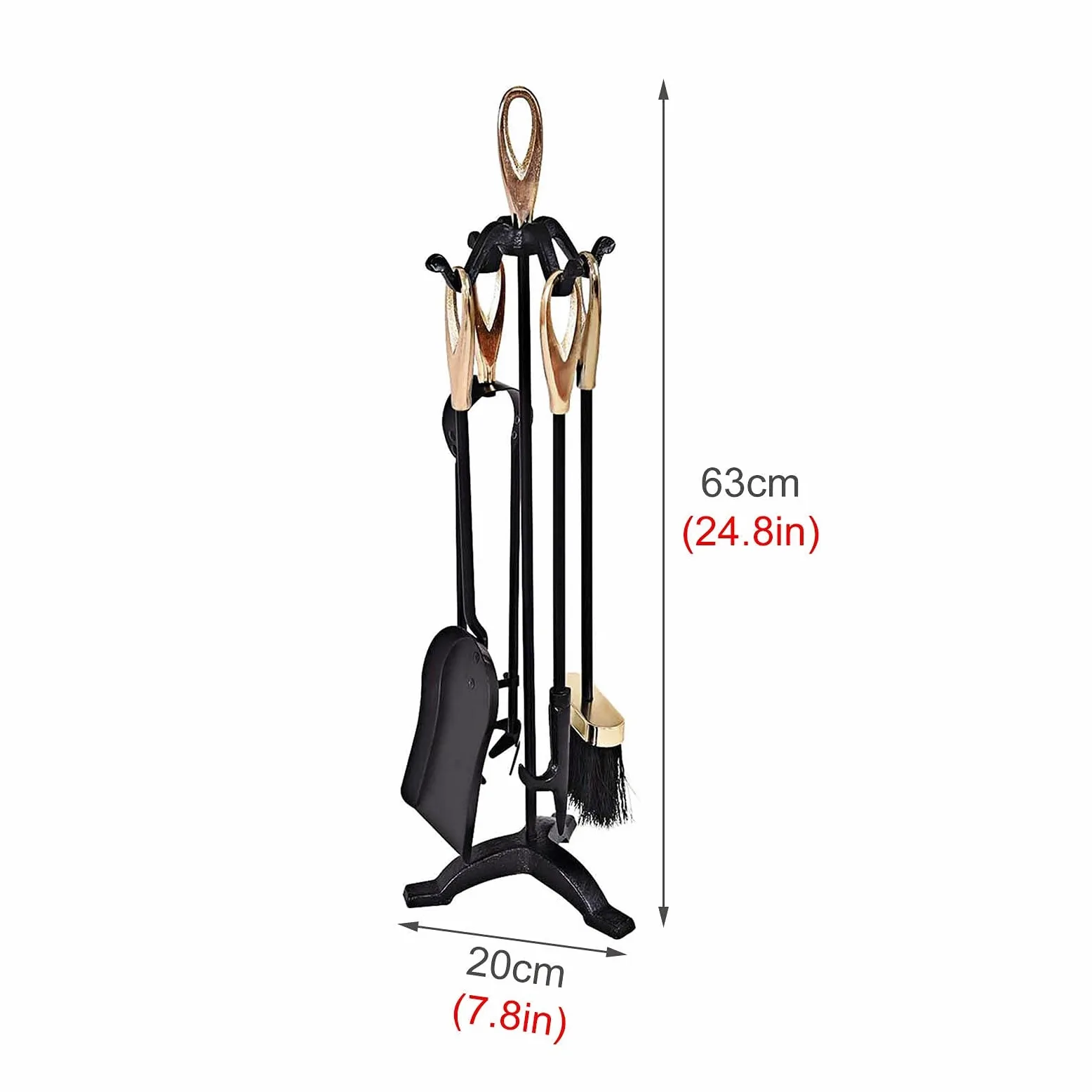 Set di 5 Attrezzi da Camino in Ferro battuto Rustico Nero con Impugnatura Dorata, Include Accessori per braciere a Soffietto e Supporto per caminetto