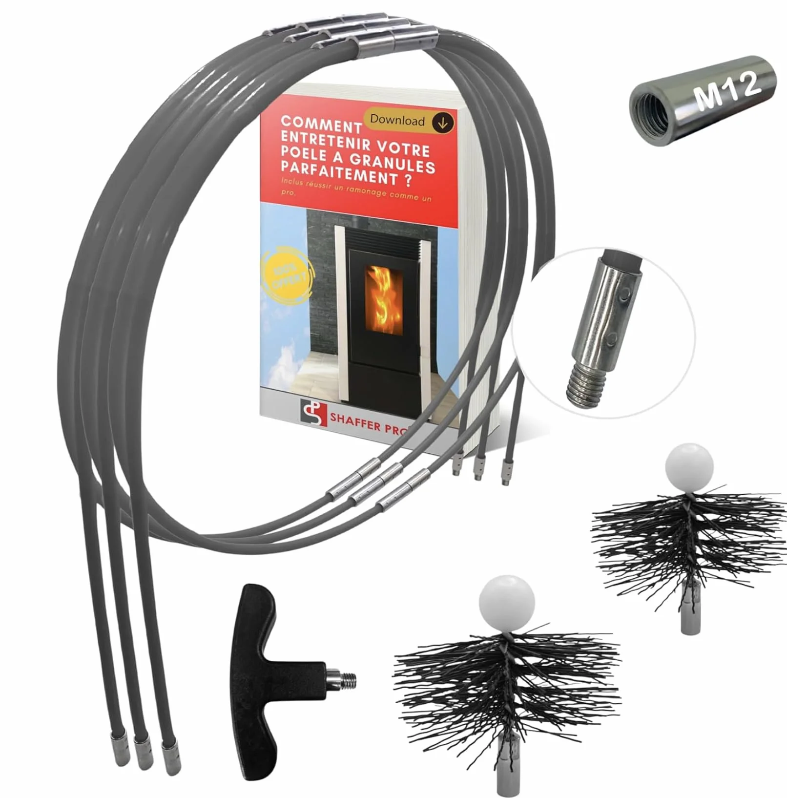 kit pulizia canna fumaria stufa a pellet 9 Metri - spazzole 80 mm e 100 mm EASYFLEX [ Ebook da scaricare stufa a pellet] 15 canne spazzacamino flessibile kit pulizia tubi canalizata