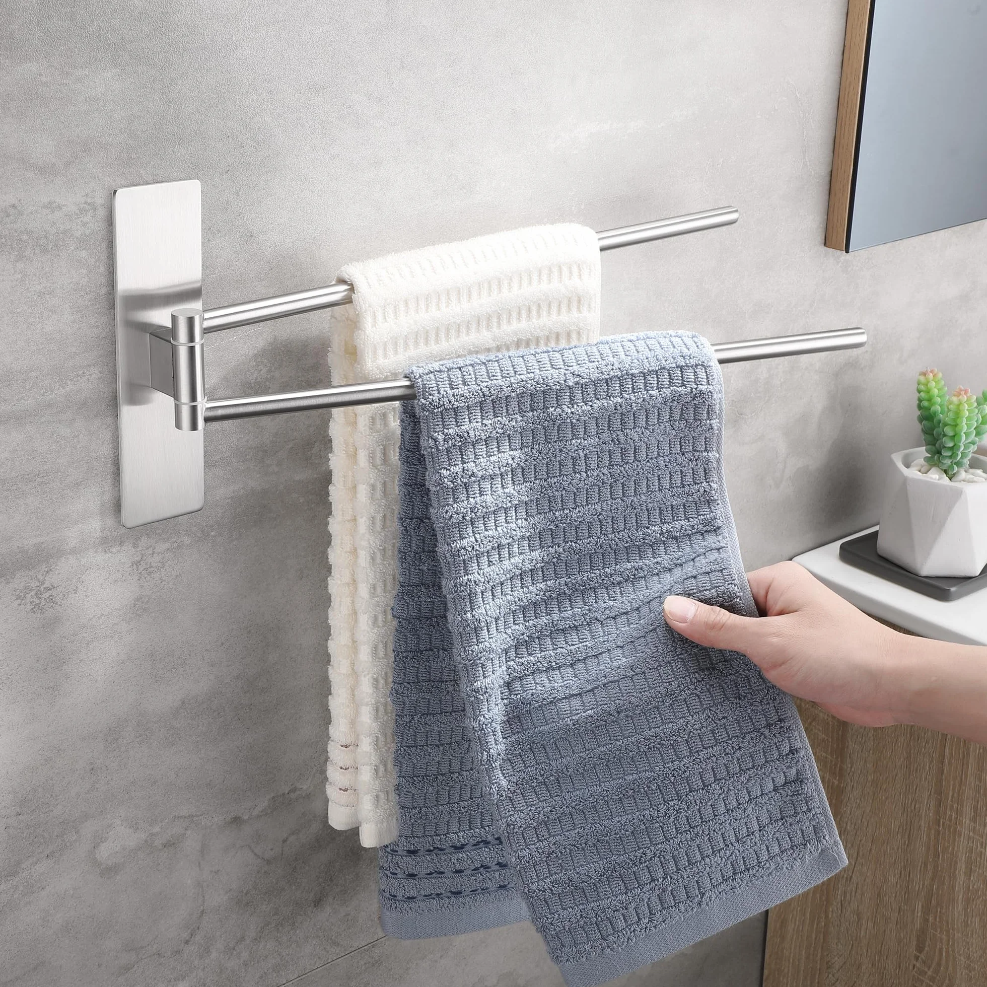Porta Asciugamani Bagno Adesivo Girevole 180° Acciaio Inox 304 Senza Foratura Spazzolato Argento